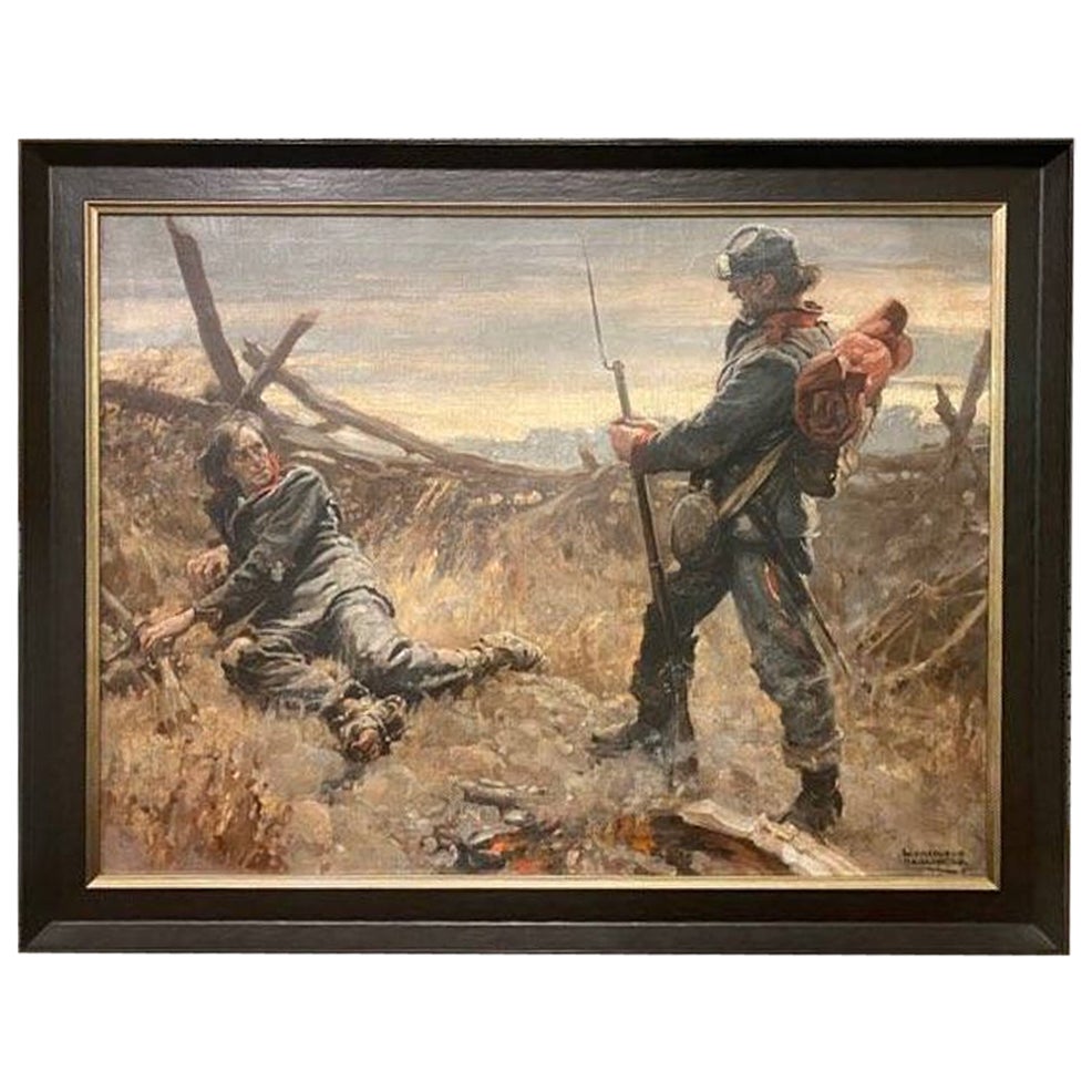 Grande peinture à l'huile sur toile du début du 20e siècle encadrée d'une scène de guerre civile