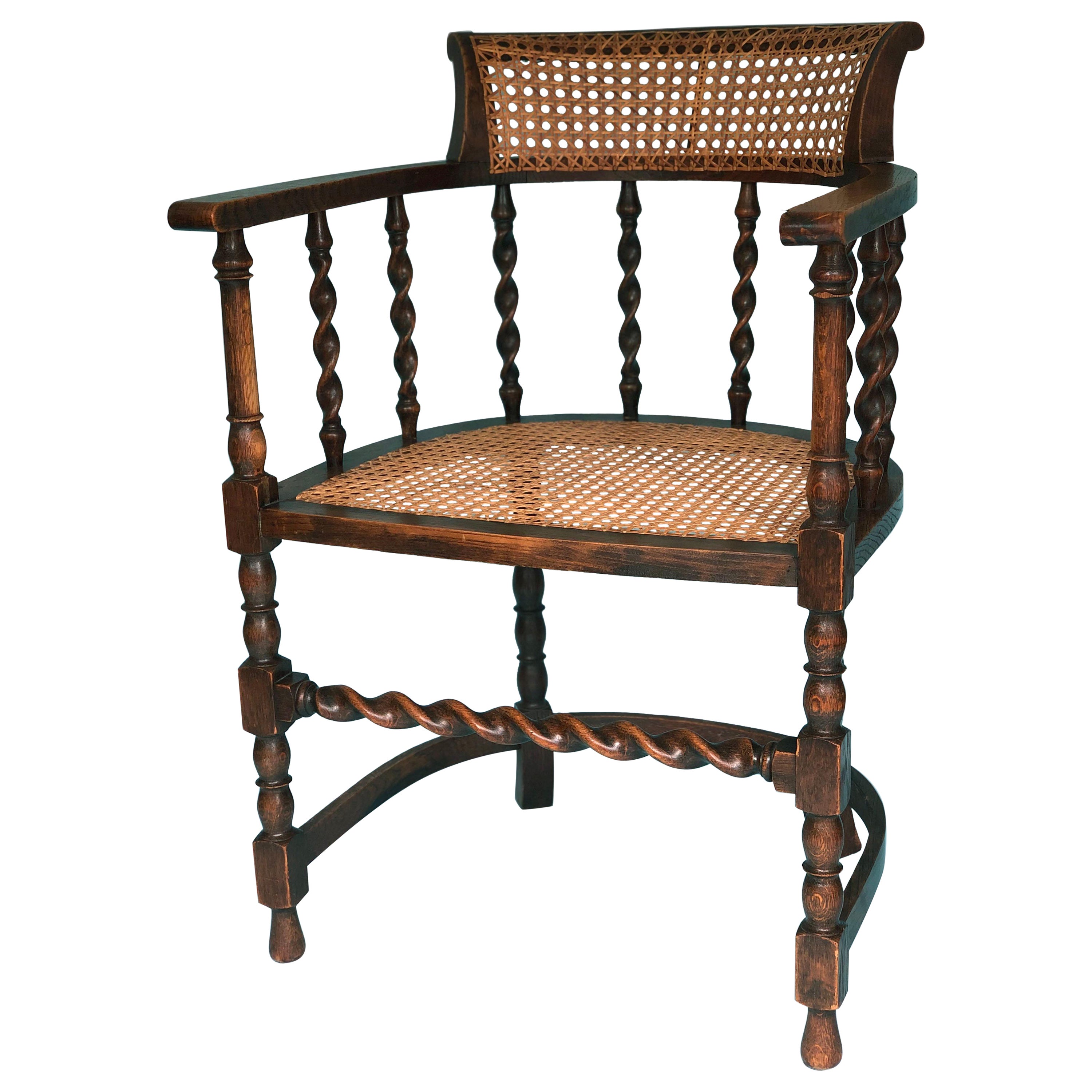 Early 20th Century Edwardian Barley Twist Corner Chair with Cane