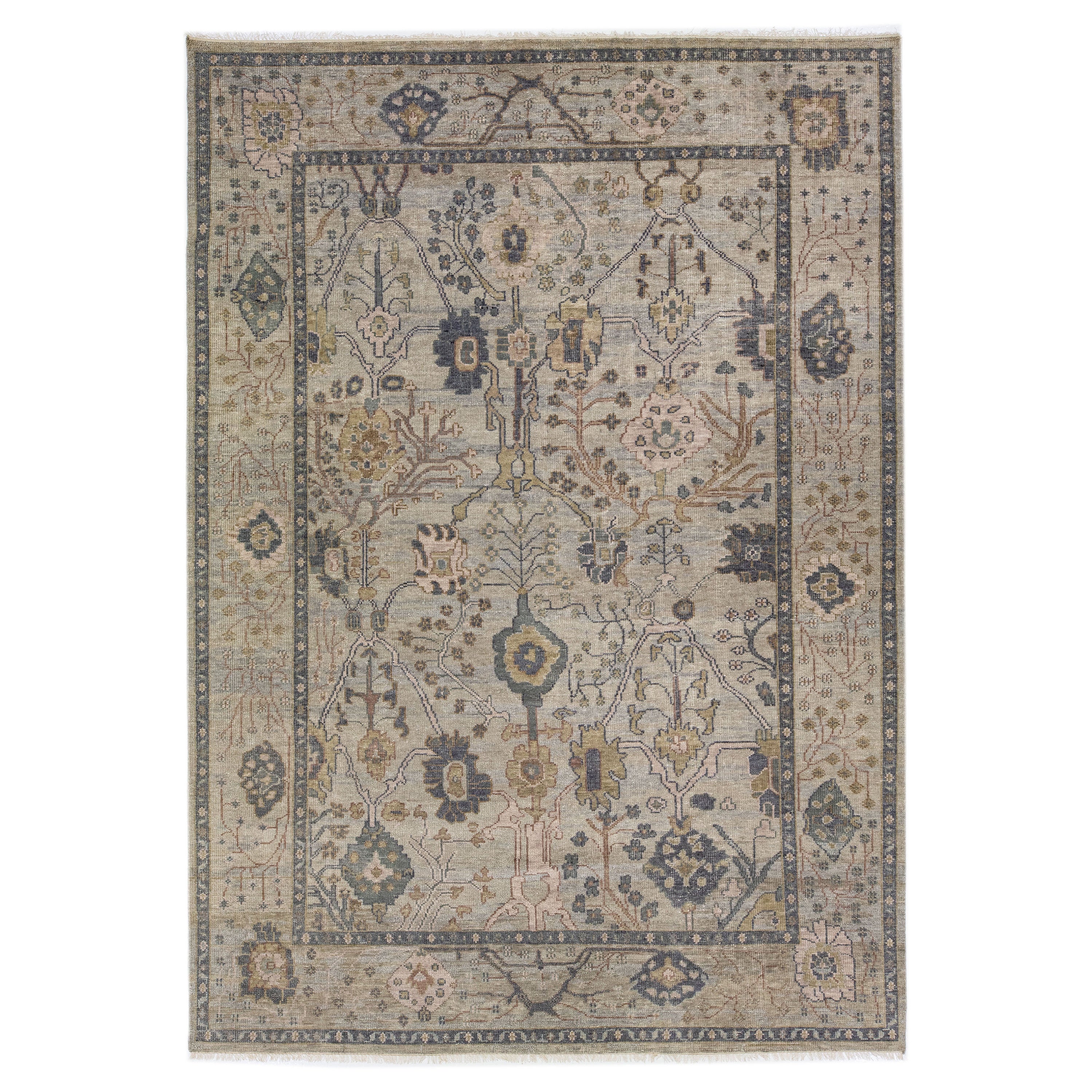 Modern Oushak Style Wool Rug Handmade with Allover Floral Motif in Grey For Sale