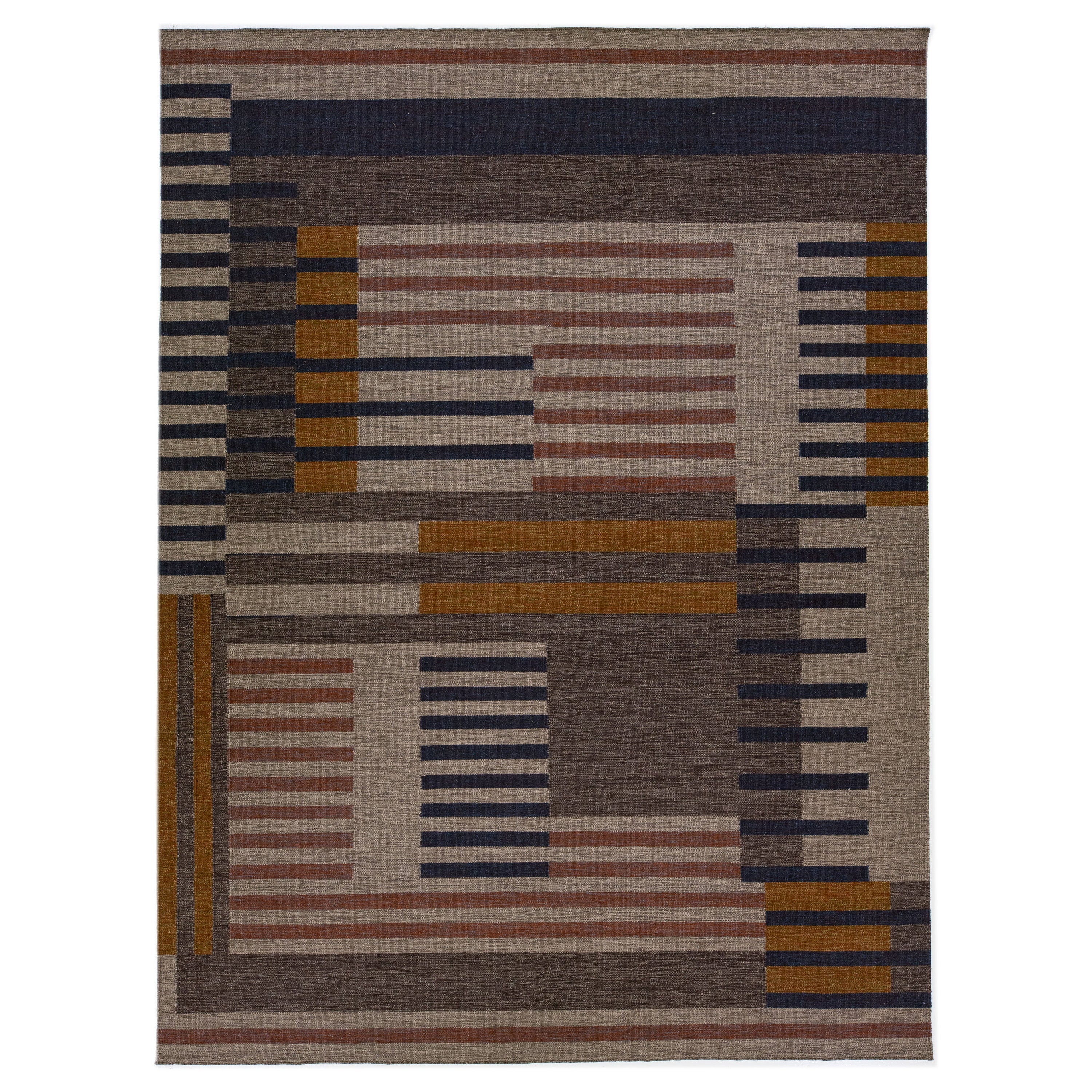 Tapis Kilim moderne en laine tissée à plat avec motif Art Déco dans des tons terreux  en vente