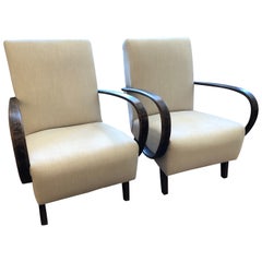 Pair of Jindrich Halabala Vintage Linen & Ebonized Wood Art Deco Club Chairs