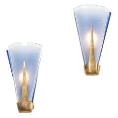 Vintage 20th Century Max Ingrand Pair of Blue Wall Lamps in Crystal for Fontana Art, 50s