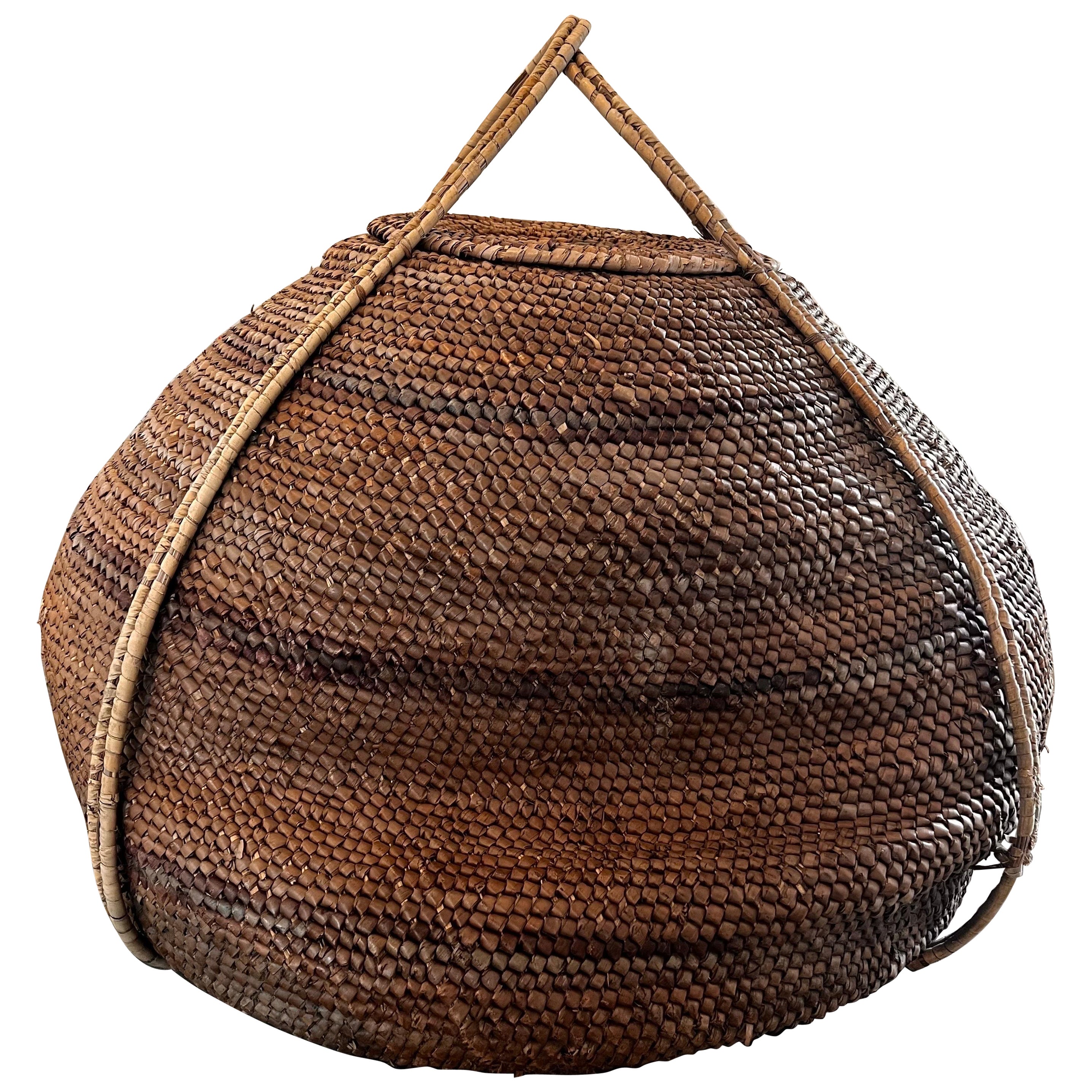Mid-20th Century Massive Hand-Woven Lidded American Basket-Continuous Handles For Sale