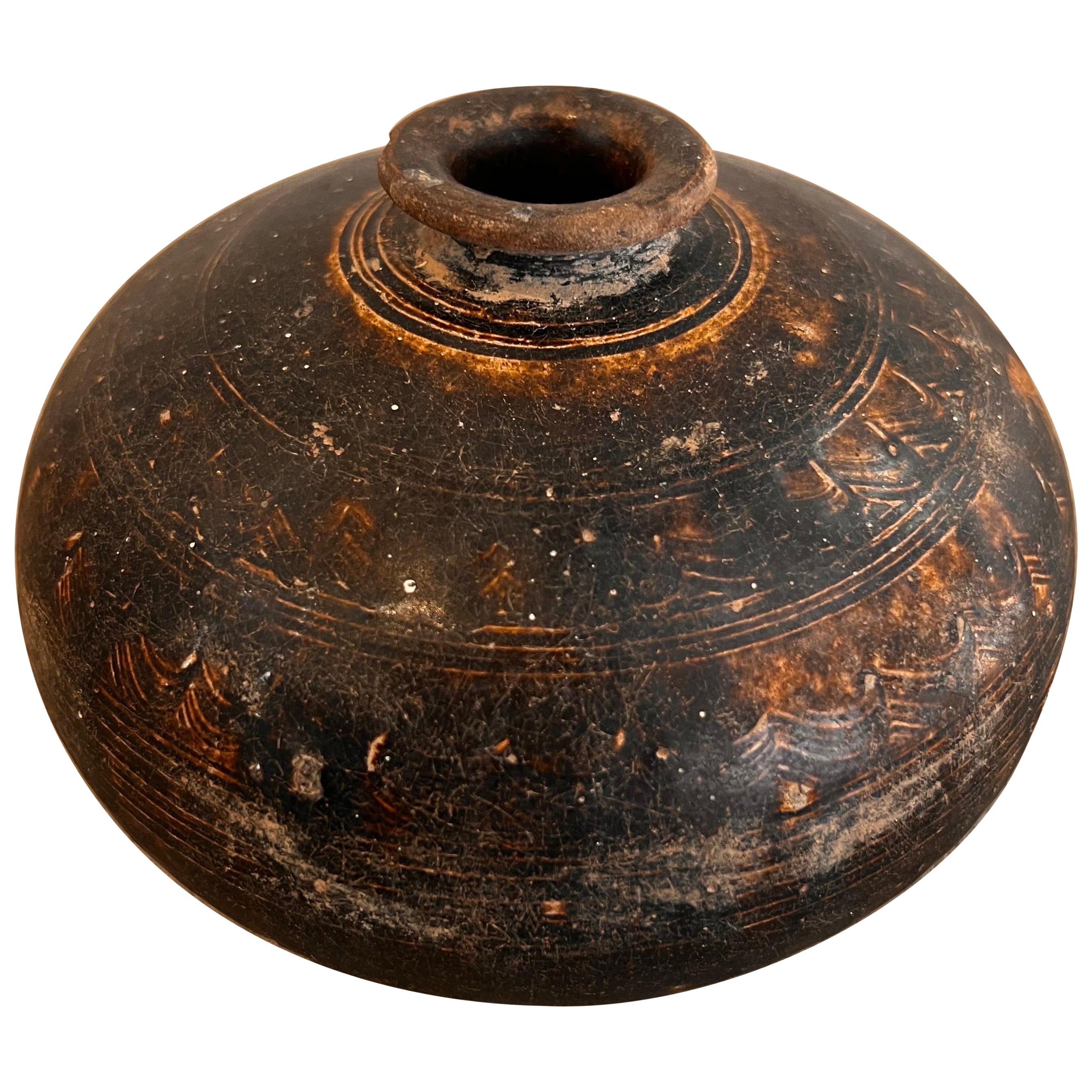 Late 19th Century Black/Brown Etched Burmese Ceramic Vessel For Sale