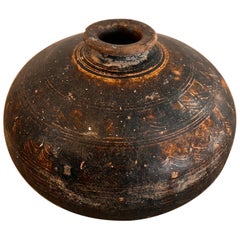 Antique Late 19th Century Black/Brown Etched Burmese Ceramic Vessel