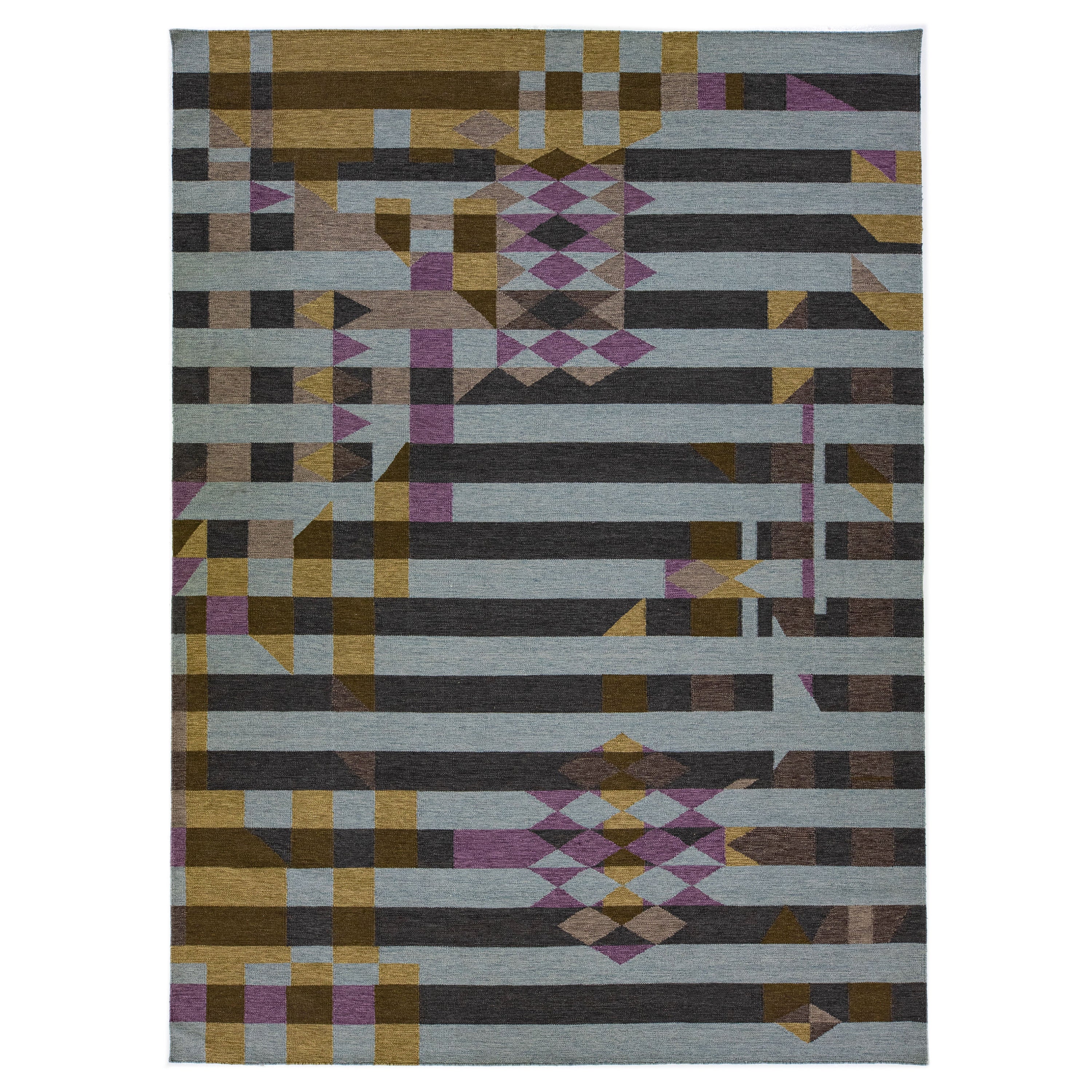 Gray Modern Flatweave Kilim Wool Rug with Abstract Design For Sale