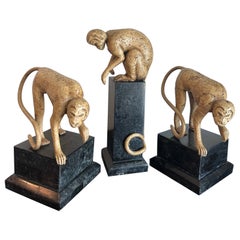 Whimsical Monkey Sculptures on Tessellated Stone Bases, Set of 3