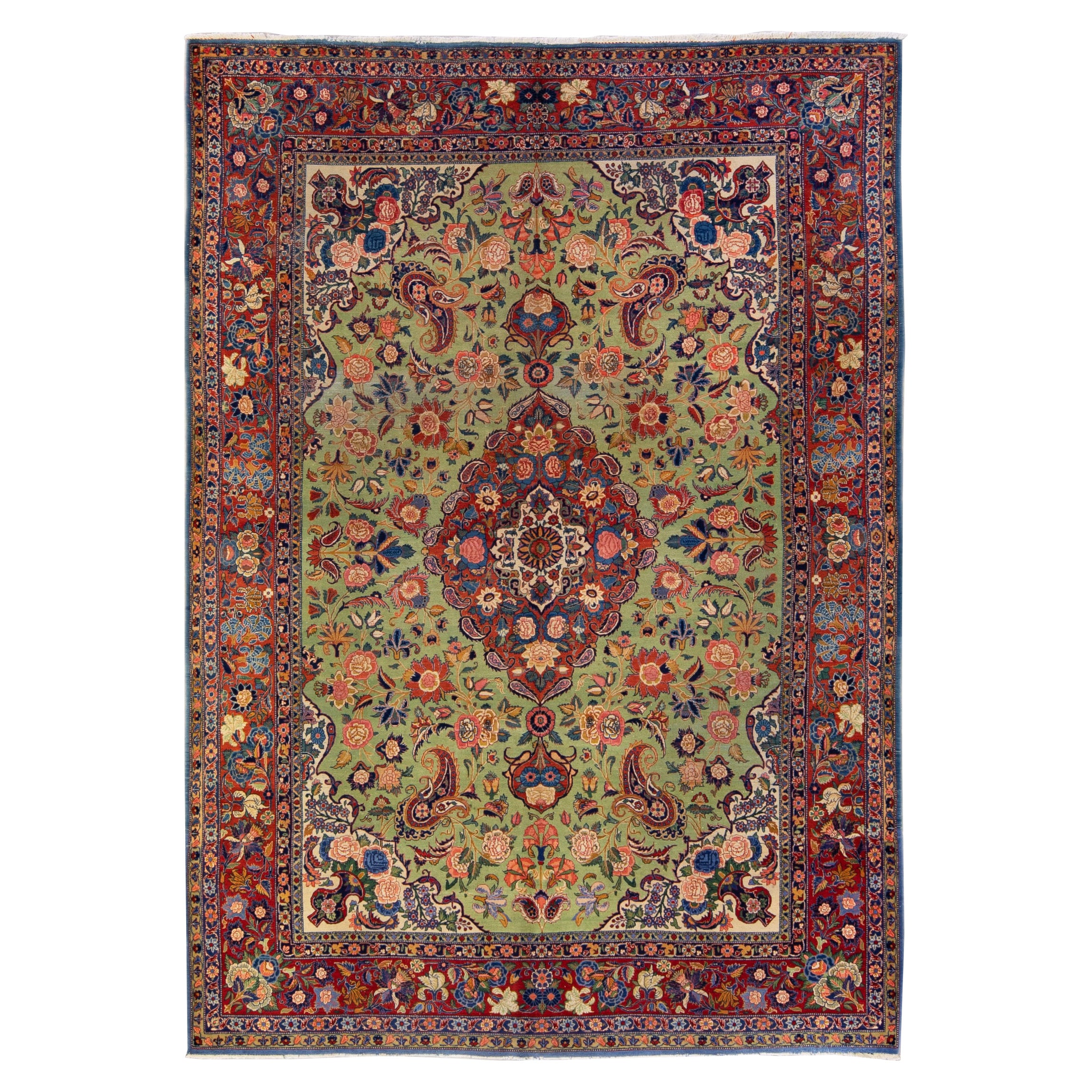 Antique Persian Kashan Handmade Allover Floral Green Wool Rug For Sale