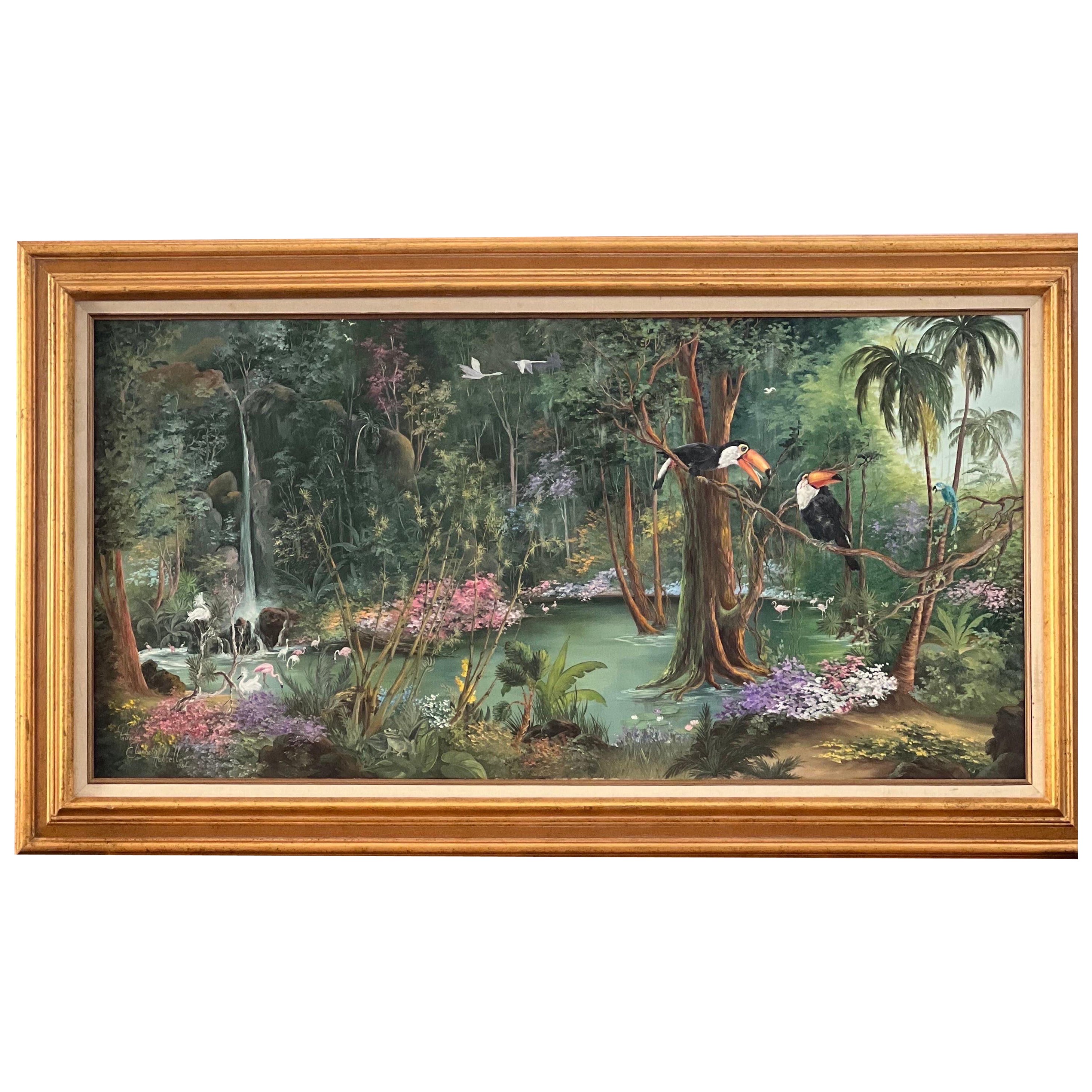 Tropisches Vintage-Gemälde von Patricia und Elizabeth Hubbell, 1984, Goldrahmen im Angebot