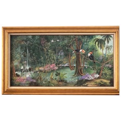 Peinture tropicale vintage avec cadre doré de Patricia et Elizabeth Hubbell, 1984