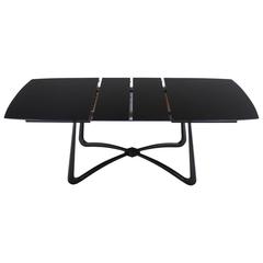 Black Lacquer Mid-Century Modern X-Base Dining Table with Two Leaves