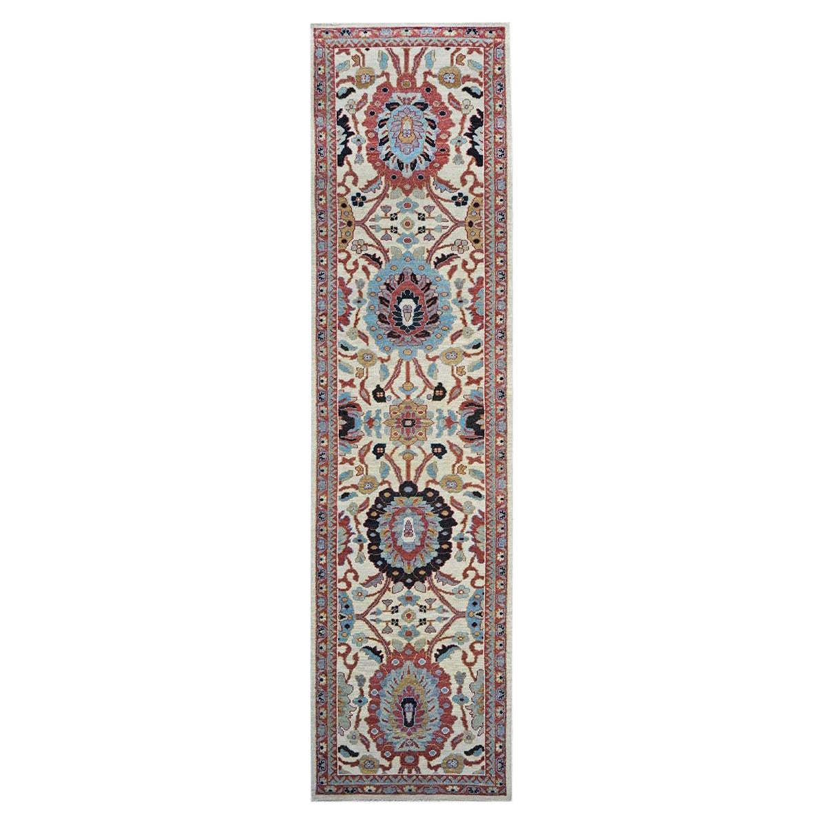 21st Century Sultanabad Master 3x12 Ivory, Red, & Blue Hallway Runner Rug For Sale
