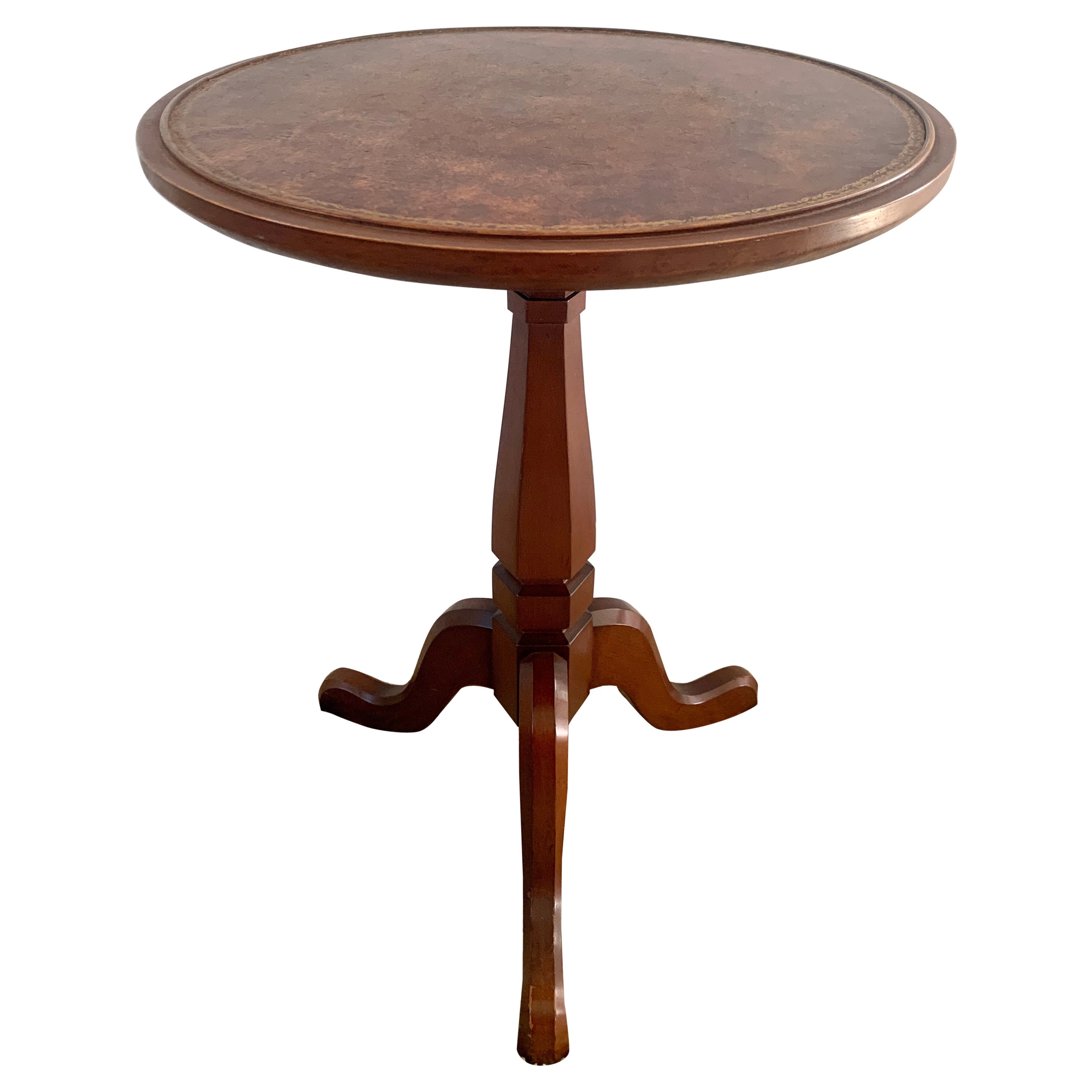 Table d'appoint ronde géorgienne vintage en bois de cerisier avec plateau en cuir embossé