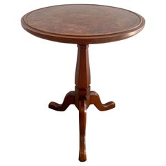 Vintage Georgian Embossed Leather Top Cherry Wood Round Side Table