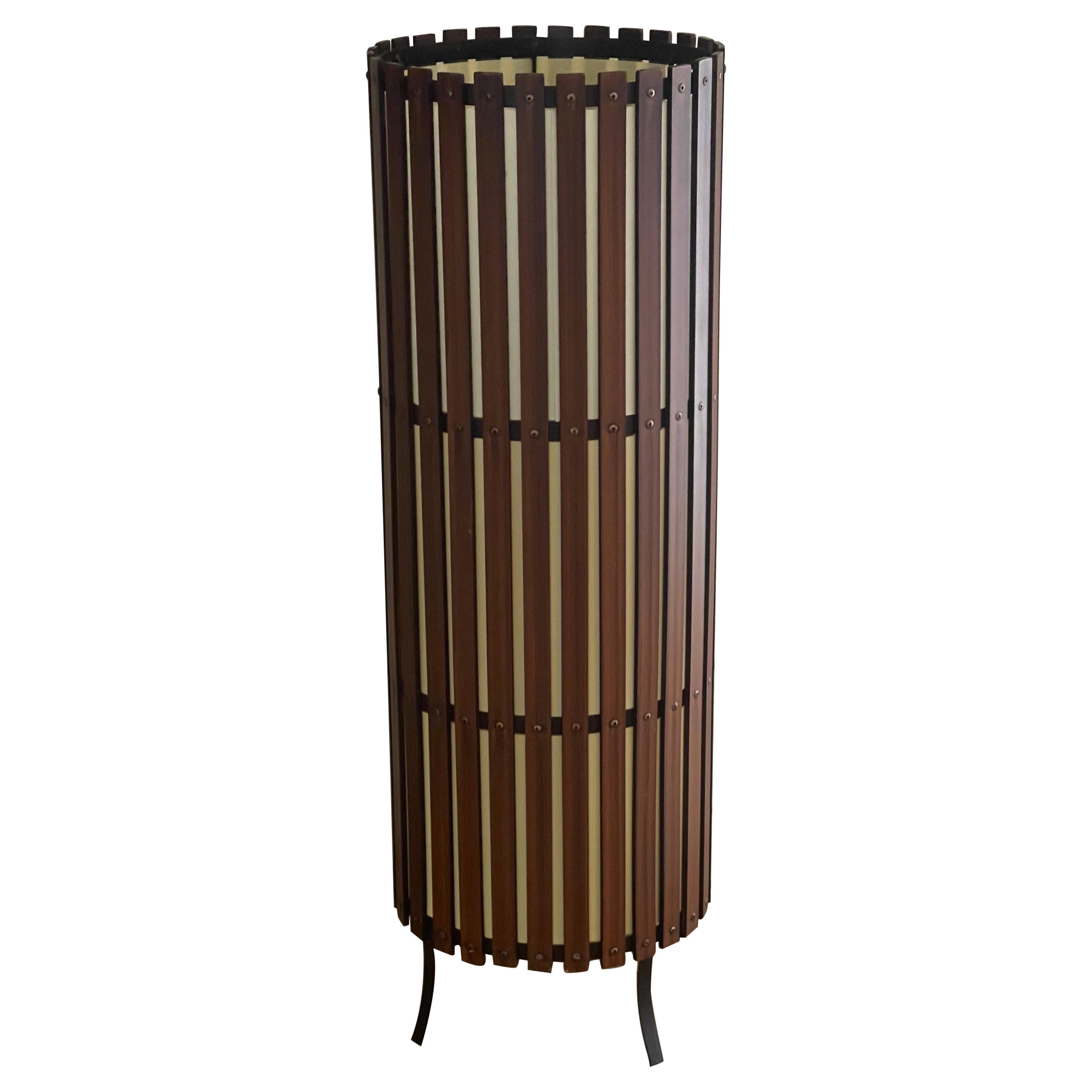 Contemporary Modernist Walnut Slat Cylindrical Floor Lamp For Sale