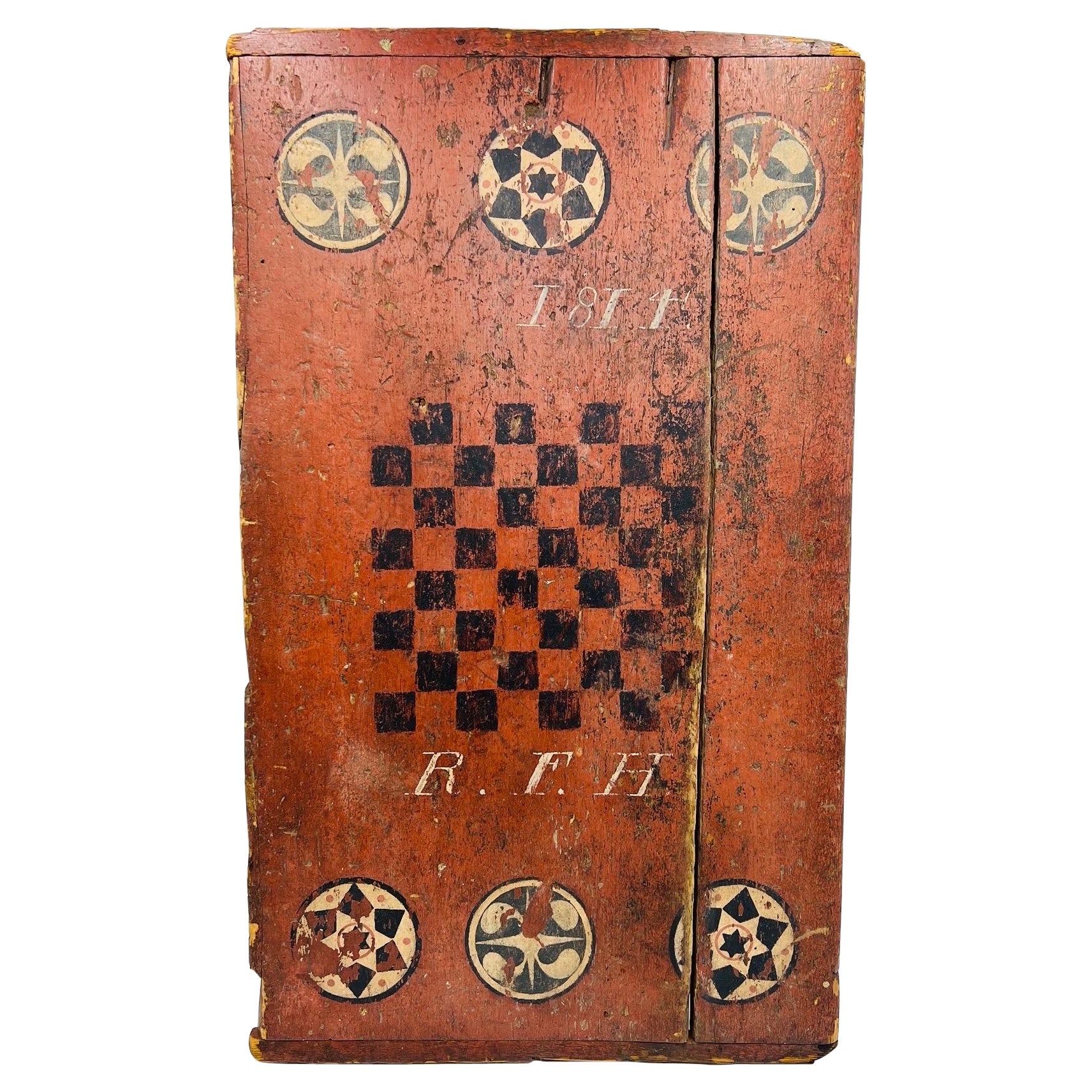 Rare Antique American Folk Art Primitive 1814 Checkers Game Board For Sale