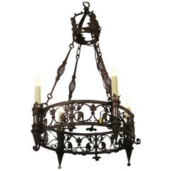 1920s Wrought Iron Four-Light Chandelier with Spirals and Hand Tooled Designs