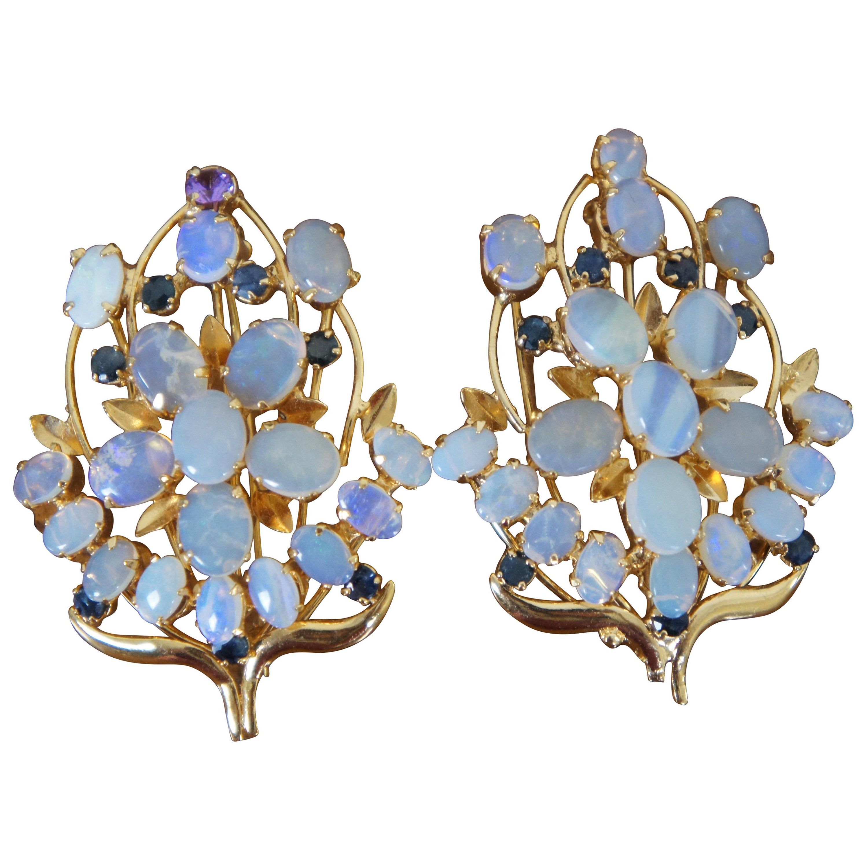 2 Midcentury Gold Tone Opal & Sapphire Floral Cluster Brooch Pendant Pins 2"
