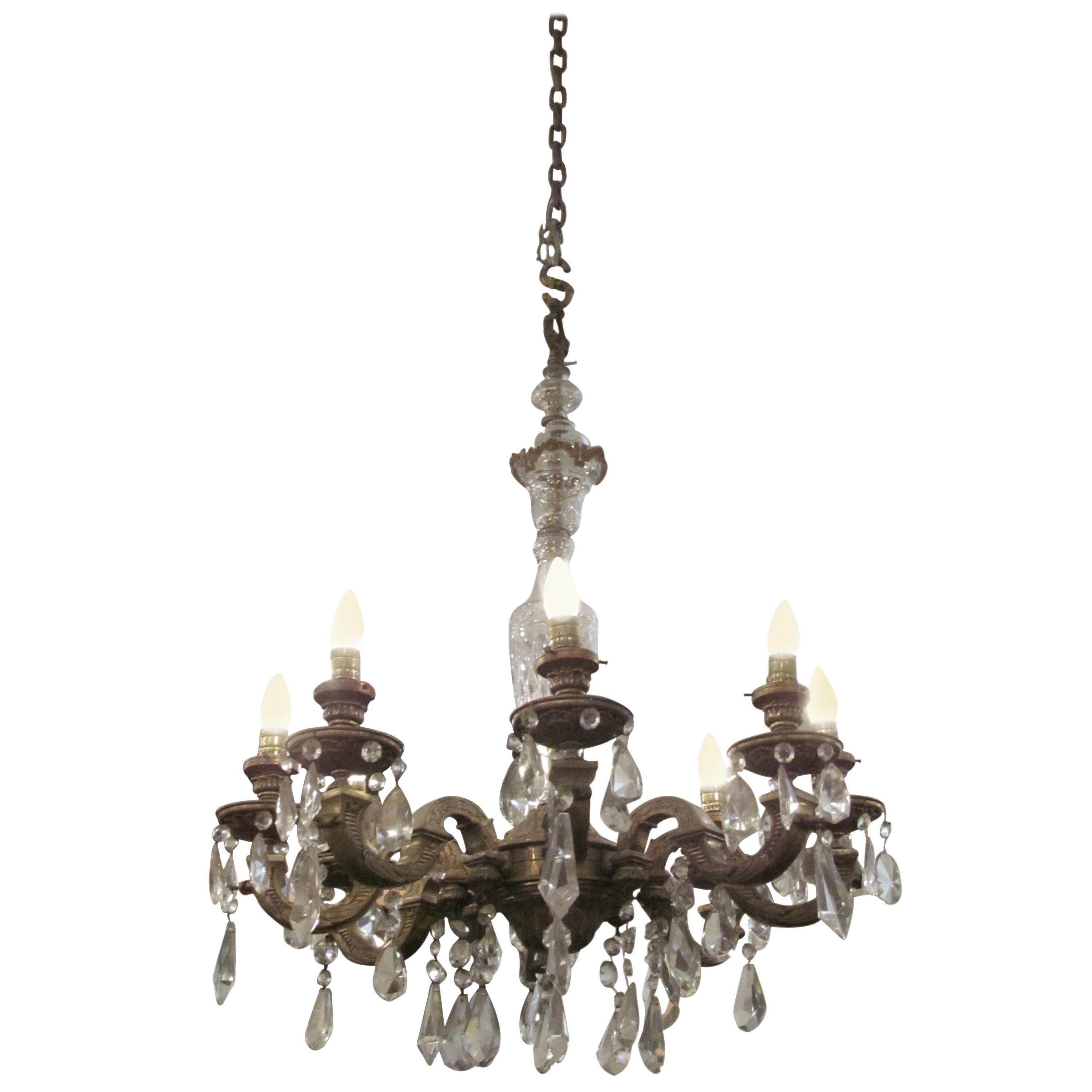 1920s Eight-Arm Ornate Crystal and Bronze Chandelier