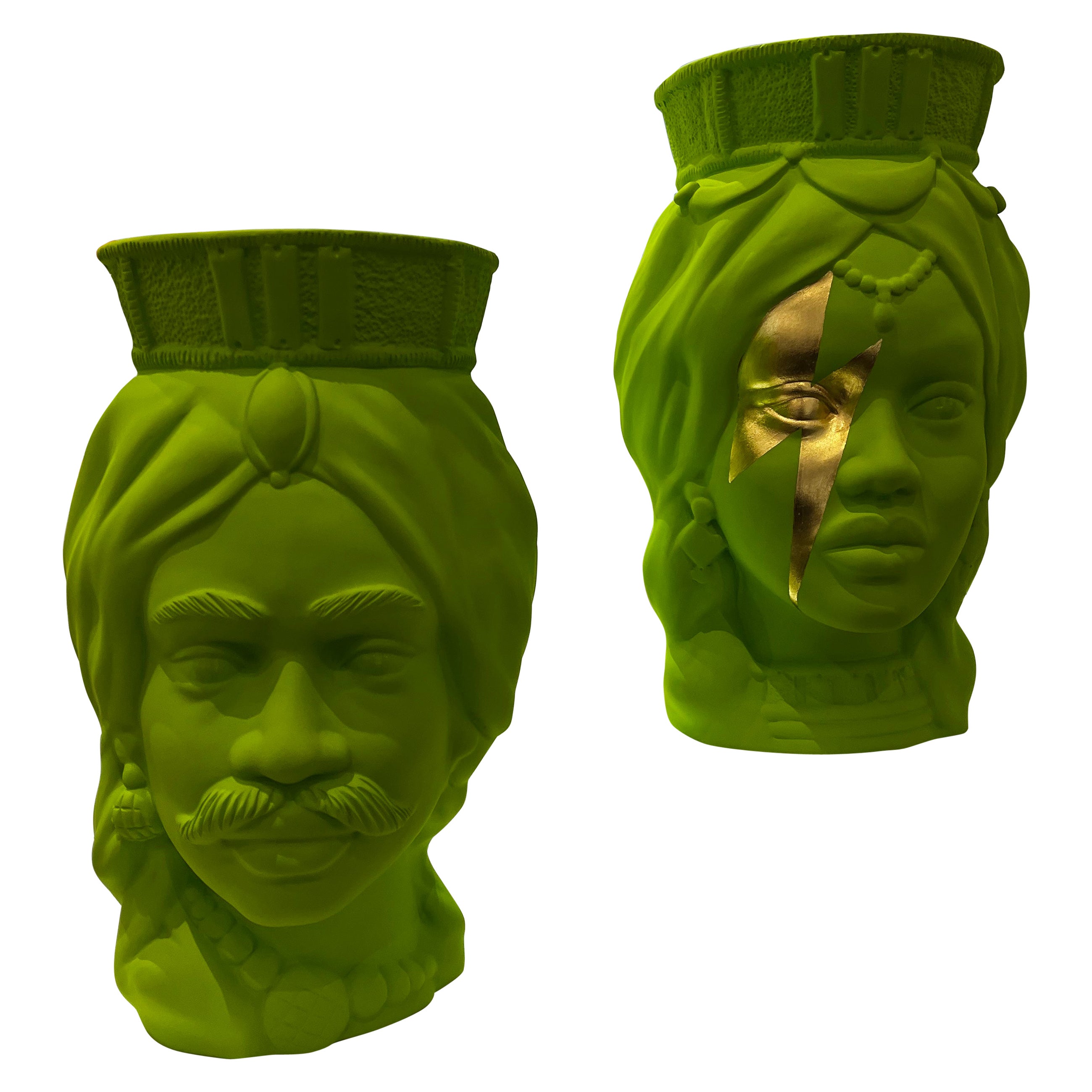 Couple of green Moor Heads, Vase Centerpiece, Handmade in Italy, 2023, Bespoke For Sale