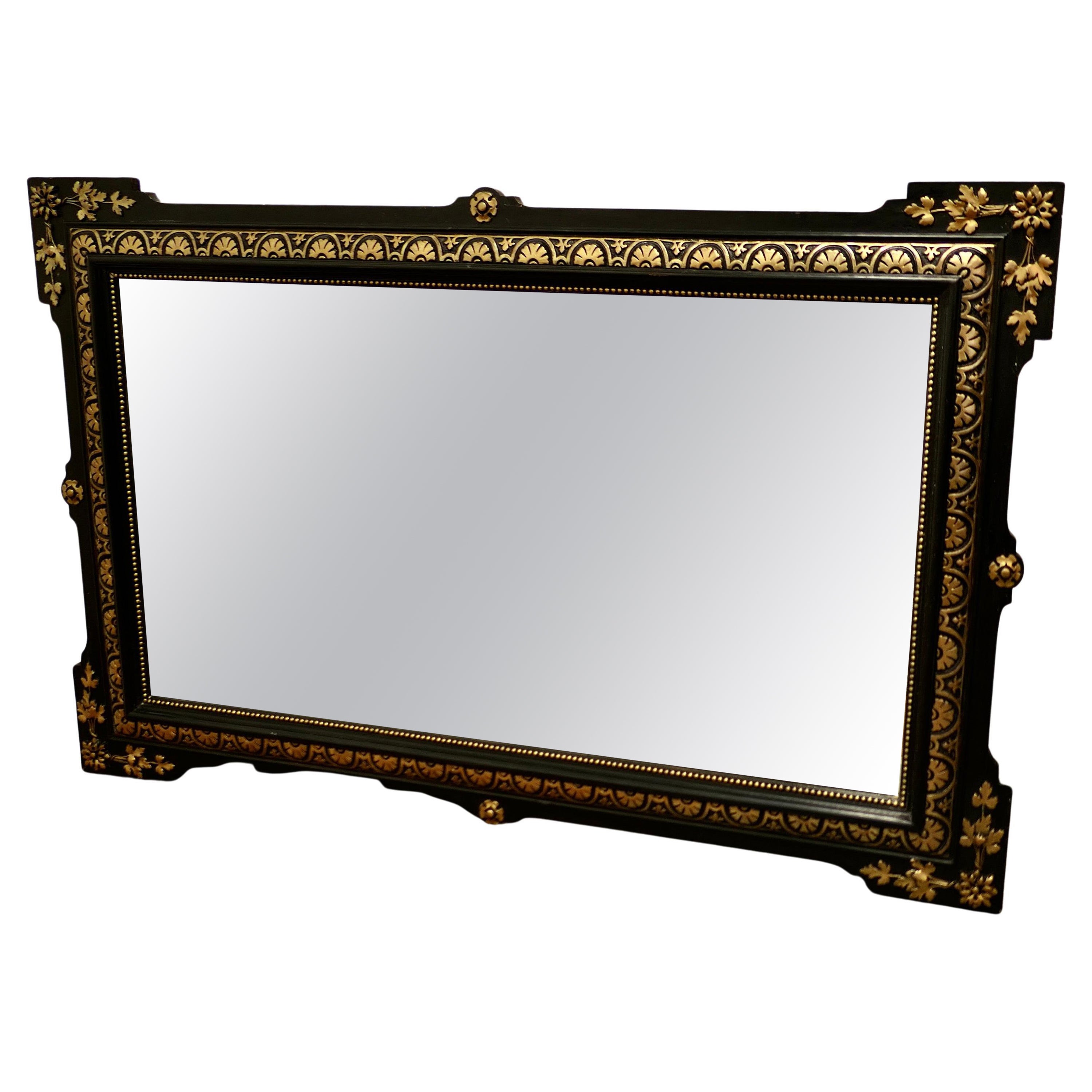 Large French 19th Century Black and Detailed Gold Overmantel Mirror