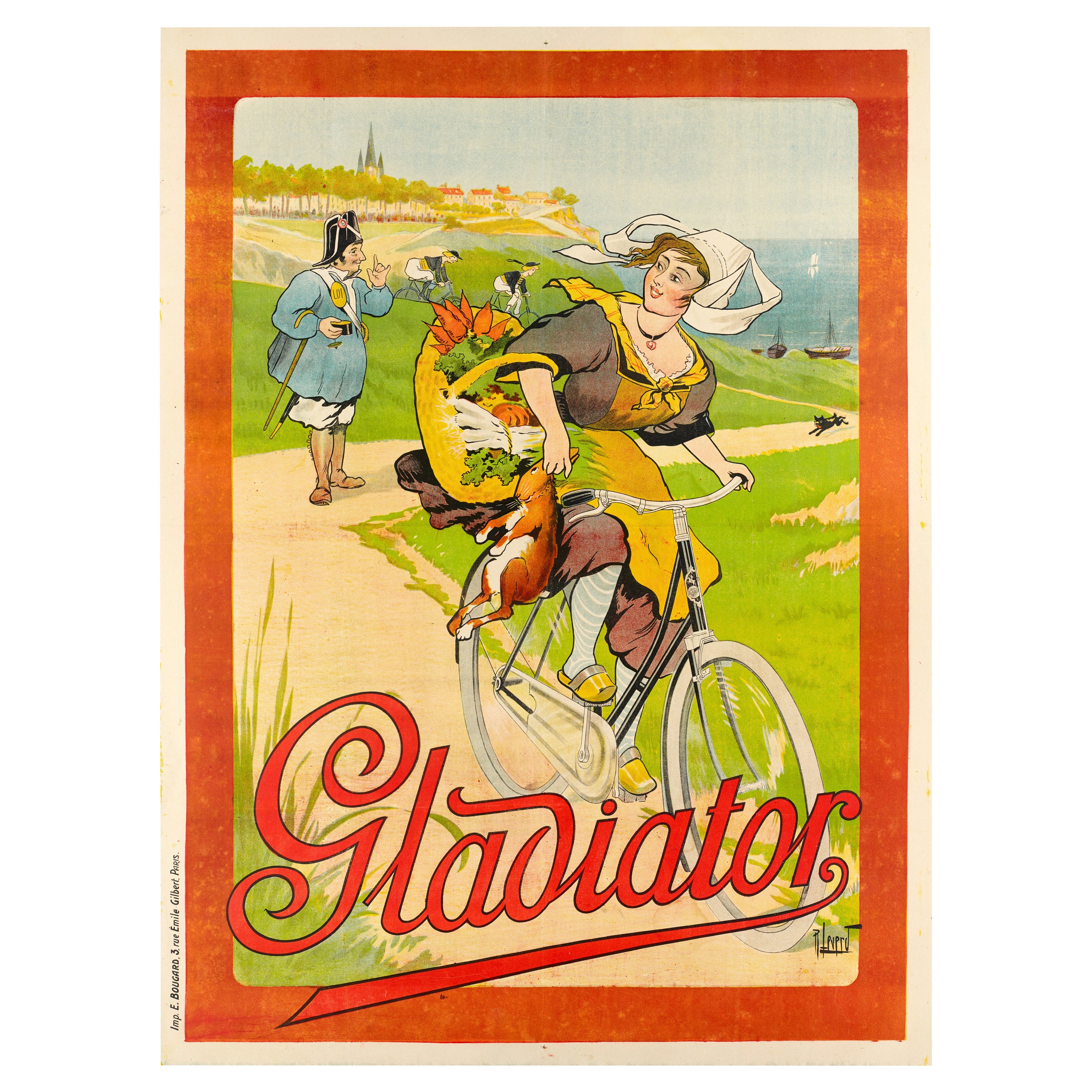 Original Poster, Cycles Gladiator, Bicycle, Breton Farmer, Black Cat Rabbit 1910 For Sale
