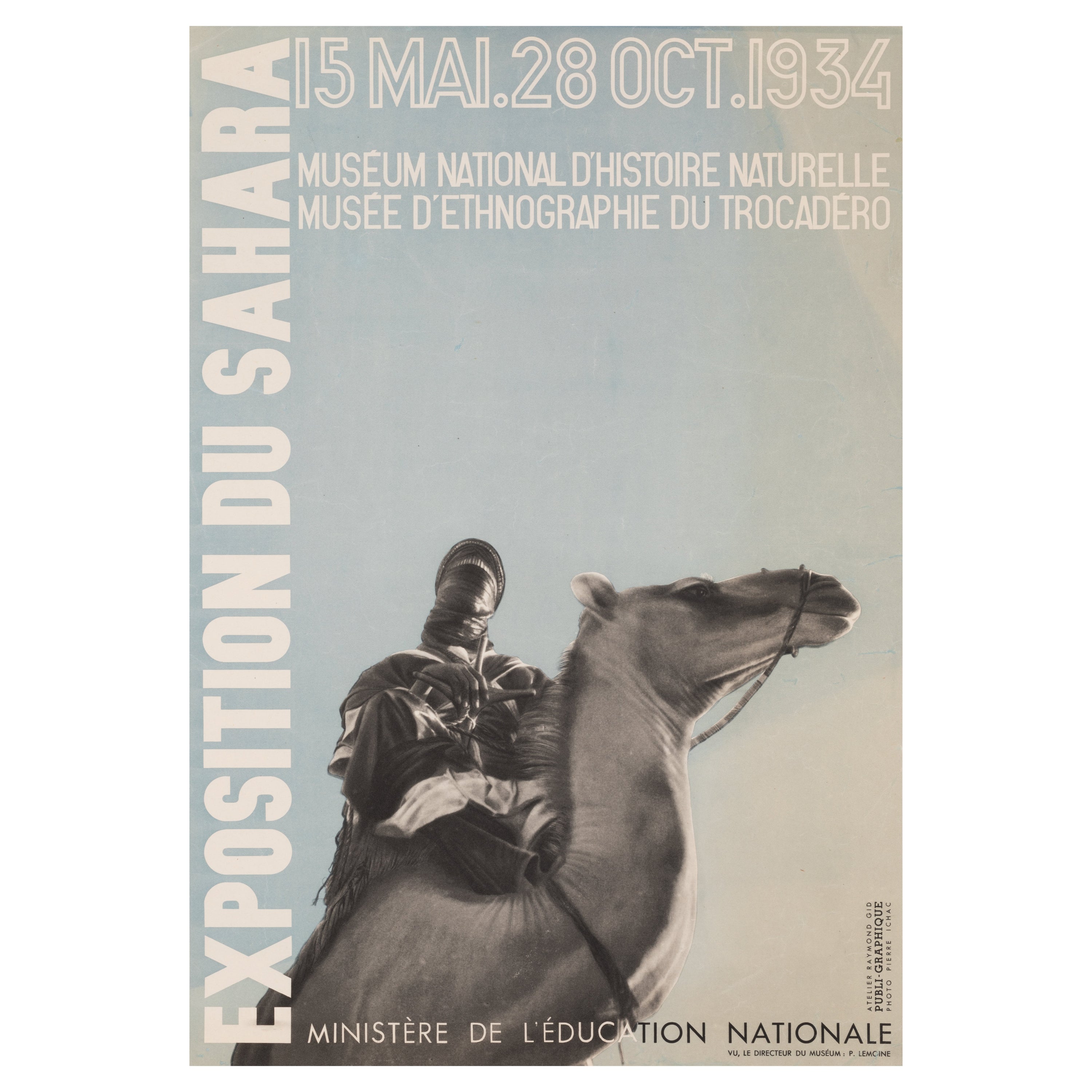 Affiche rétro originale de Gid, Exposition Sahara, Ethnographie, Touareg Camel 1934