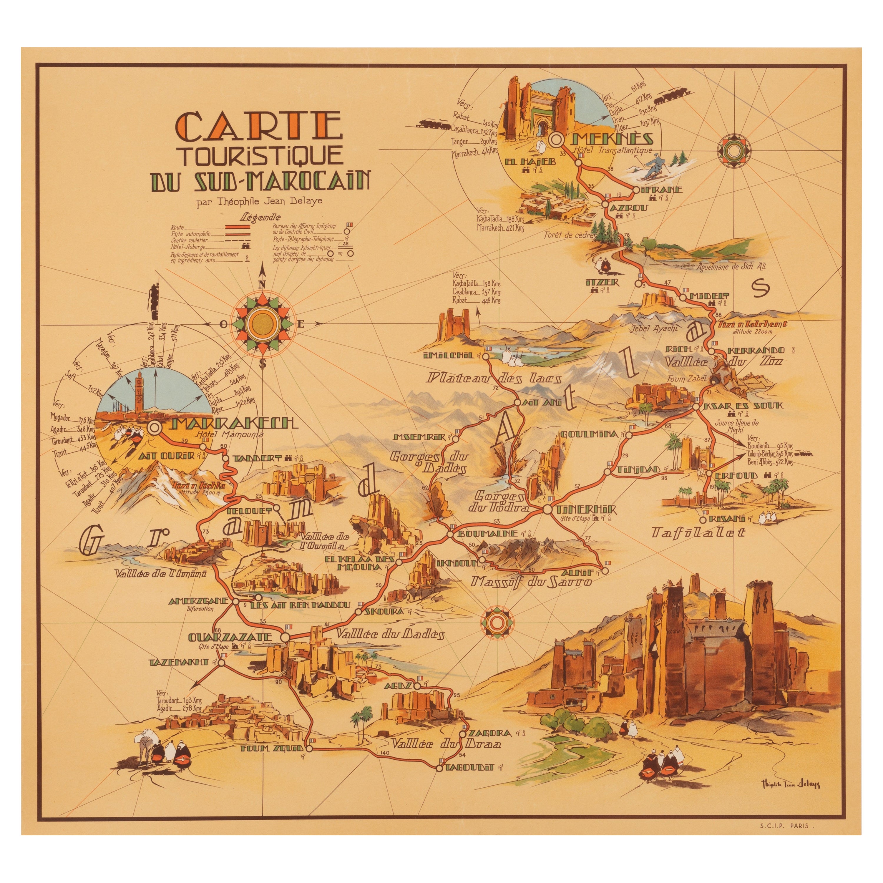 Affiche vintage d'origine du Delaye, carte du Maroc du Sud, Maghreb, Marrakech, 1930