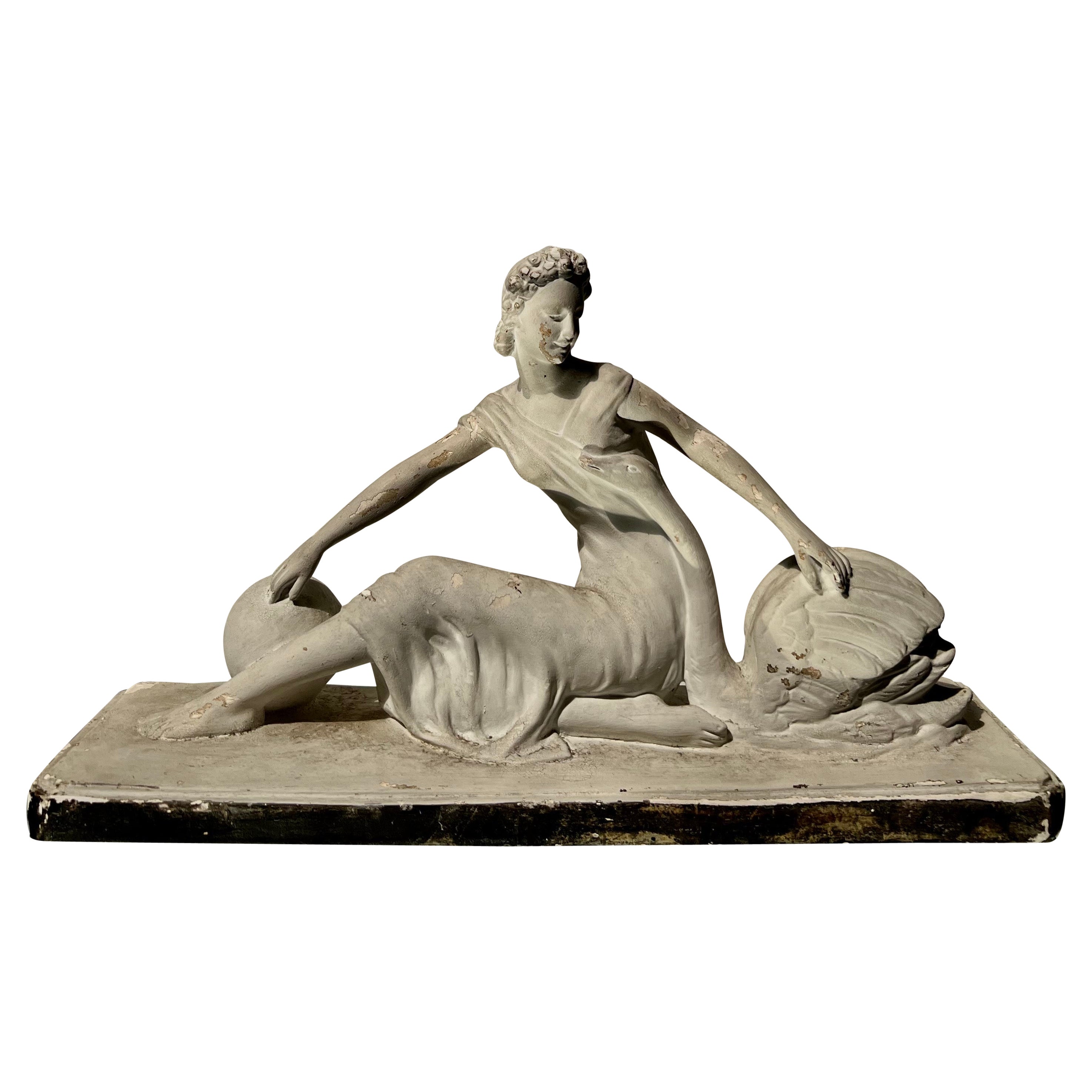 Large Art Deco French Woman with a Swan, France 1930:40s, Plaster with Patina For Sale