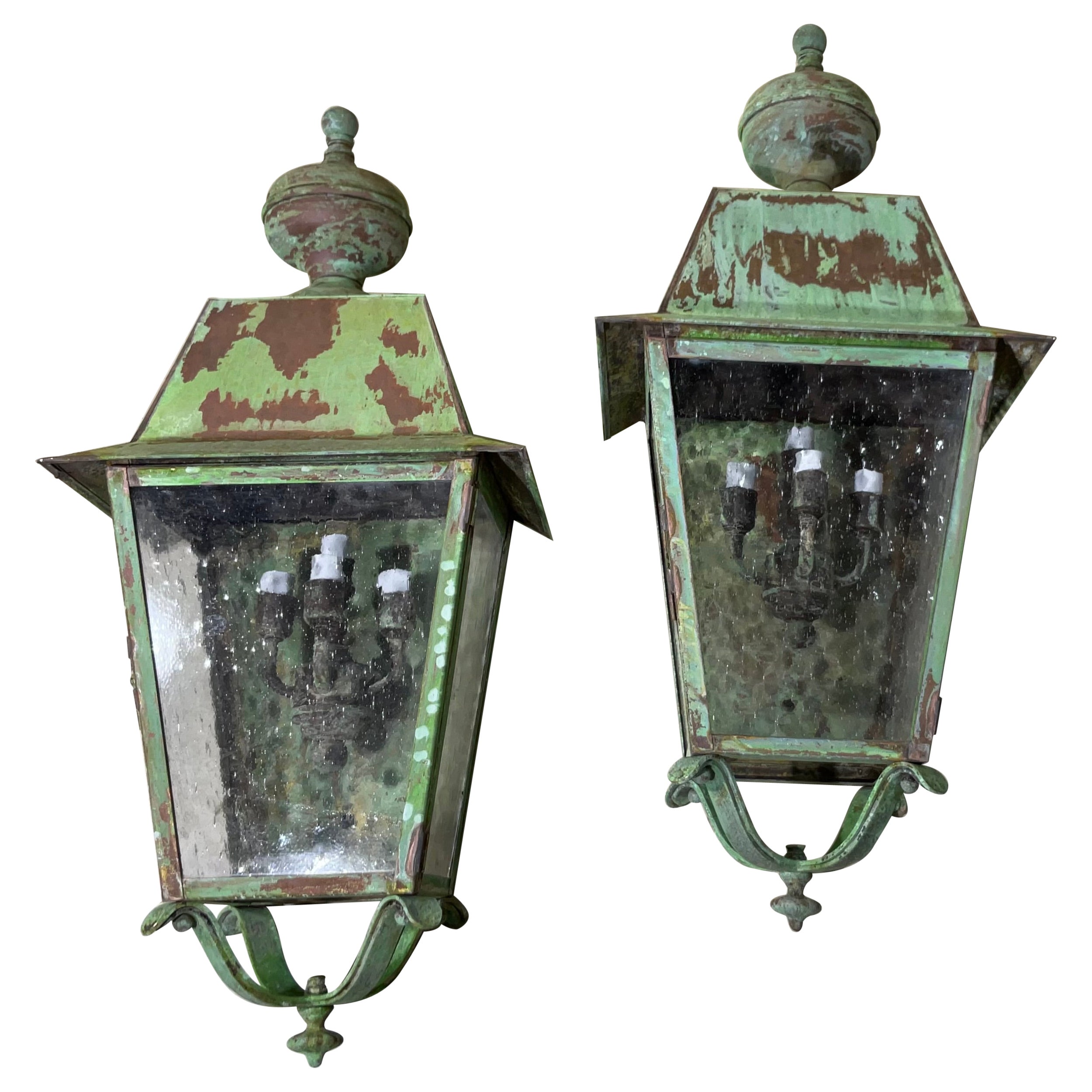 Large Pair of Solid Brass Wall Lantern For Sale