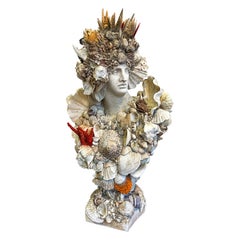 Neo-Classical Style Shell Encrusted Cast Plaster Bust W/ Coral, Clam & Crown
