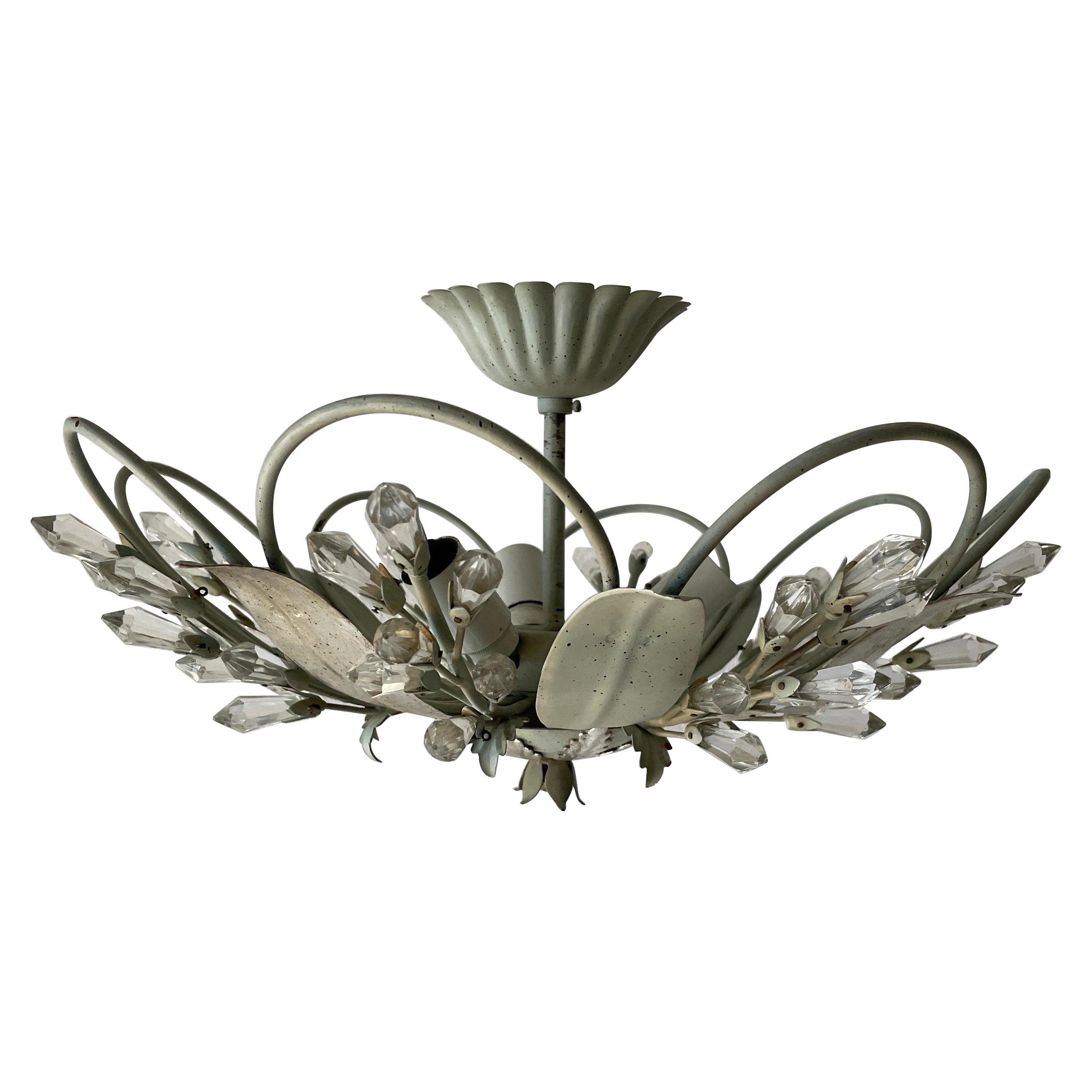 Flower Design Ceiling Lamp with Glass Ornaments, 1950s, Germany For Sale
