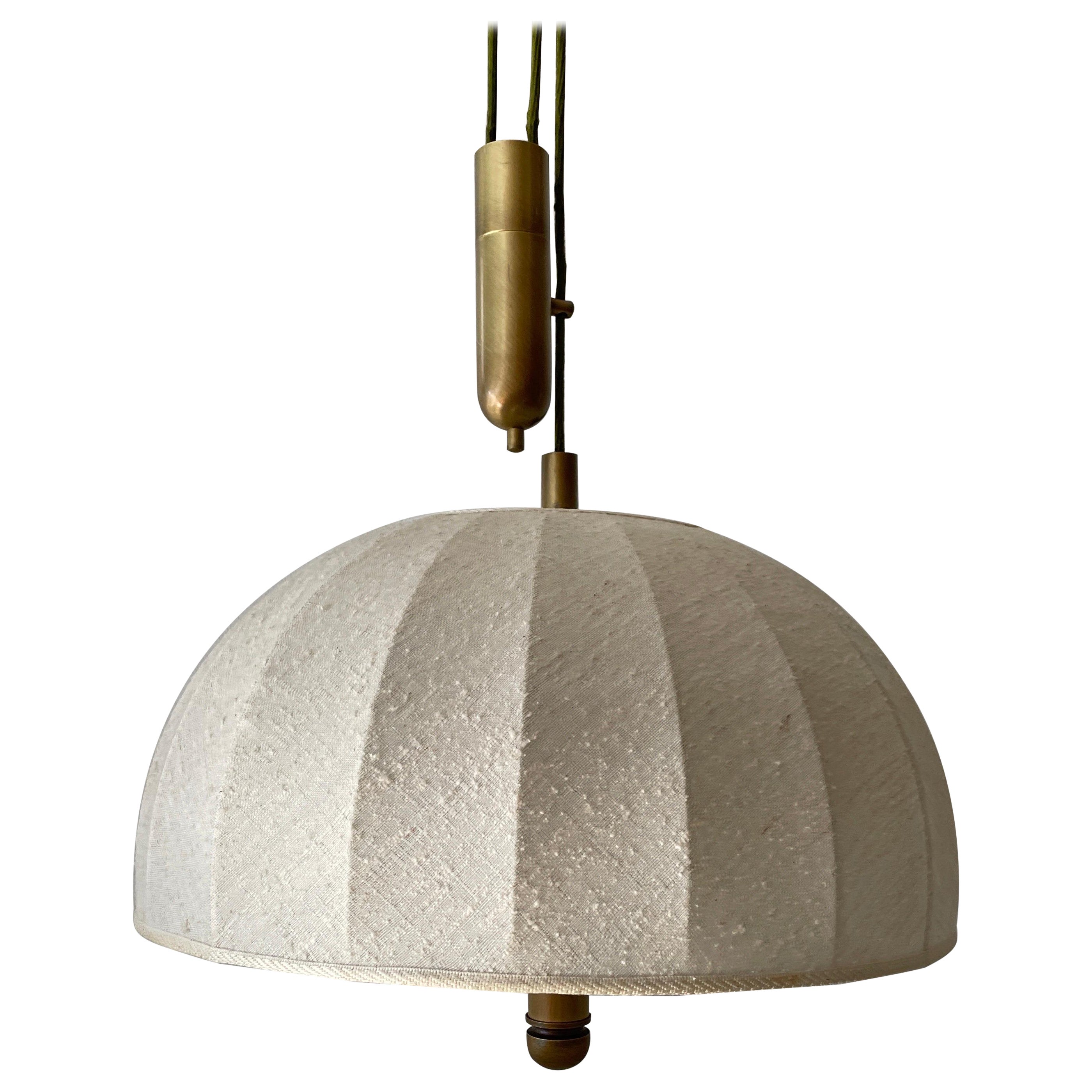 Brass & Fabric Shade Counterweight Pendant Lamp by Wkr, 1970s, Germany