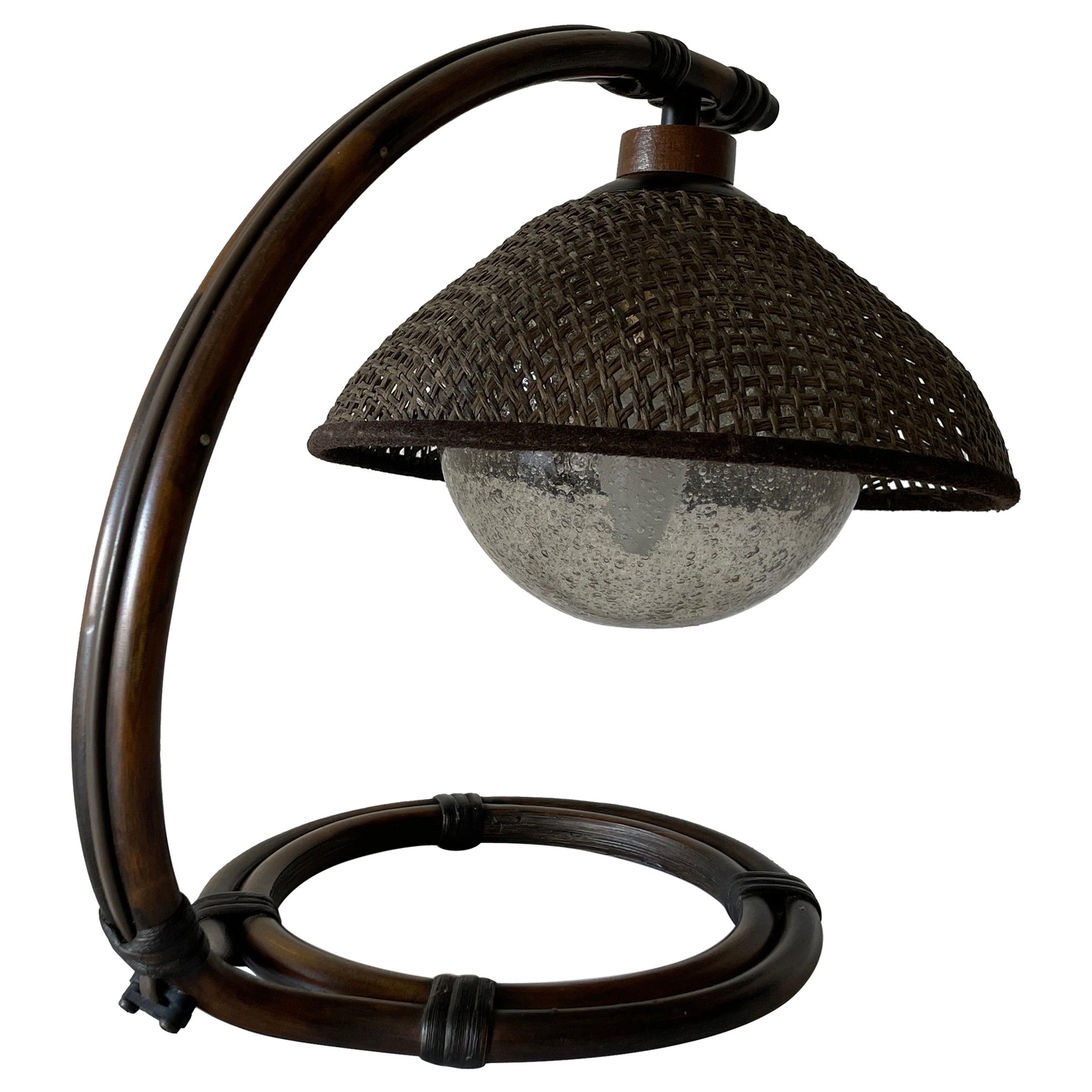 Seltene Nachttischlampe aus Bambus und Korbweide mit Luftblasenglas von Temde, 1960er Jahre, Schweiz
