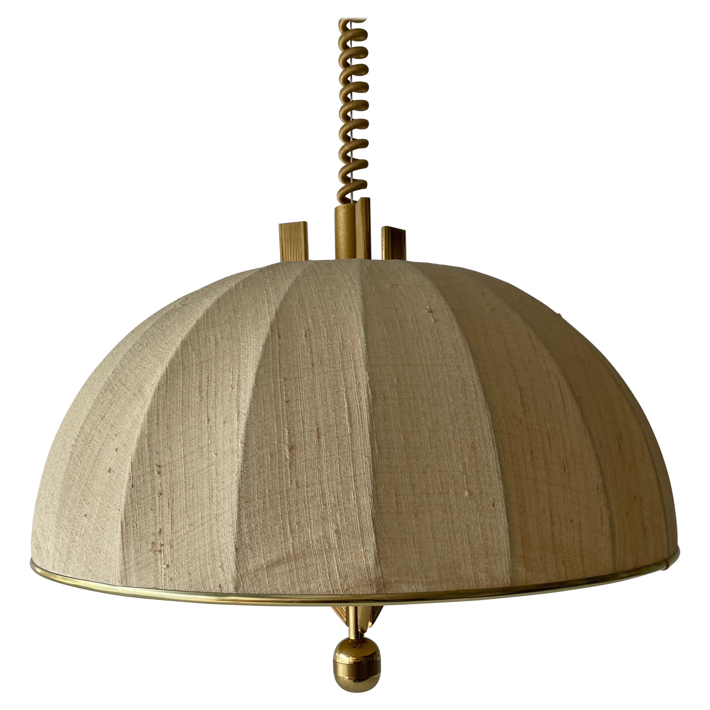 Brass Body & Fabric Shade Mid-Century Modern Pendant Lamp by Wkr, 1970s, Germany