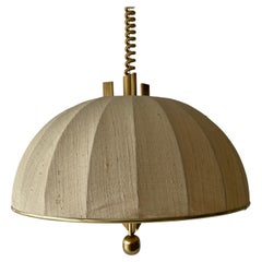 Brass Body & Fabric Shade Mid-Century Modern Pendant Lamp by Wkr, 1970s, Germany