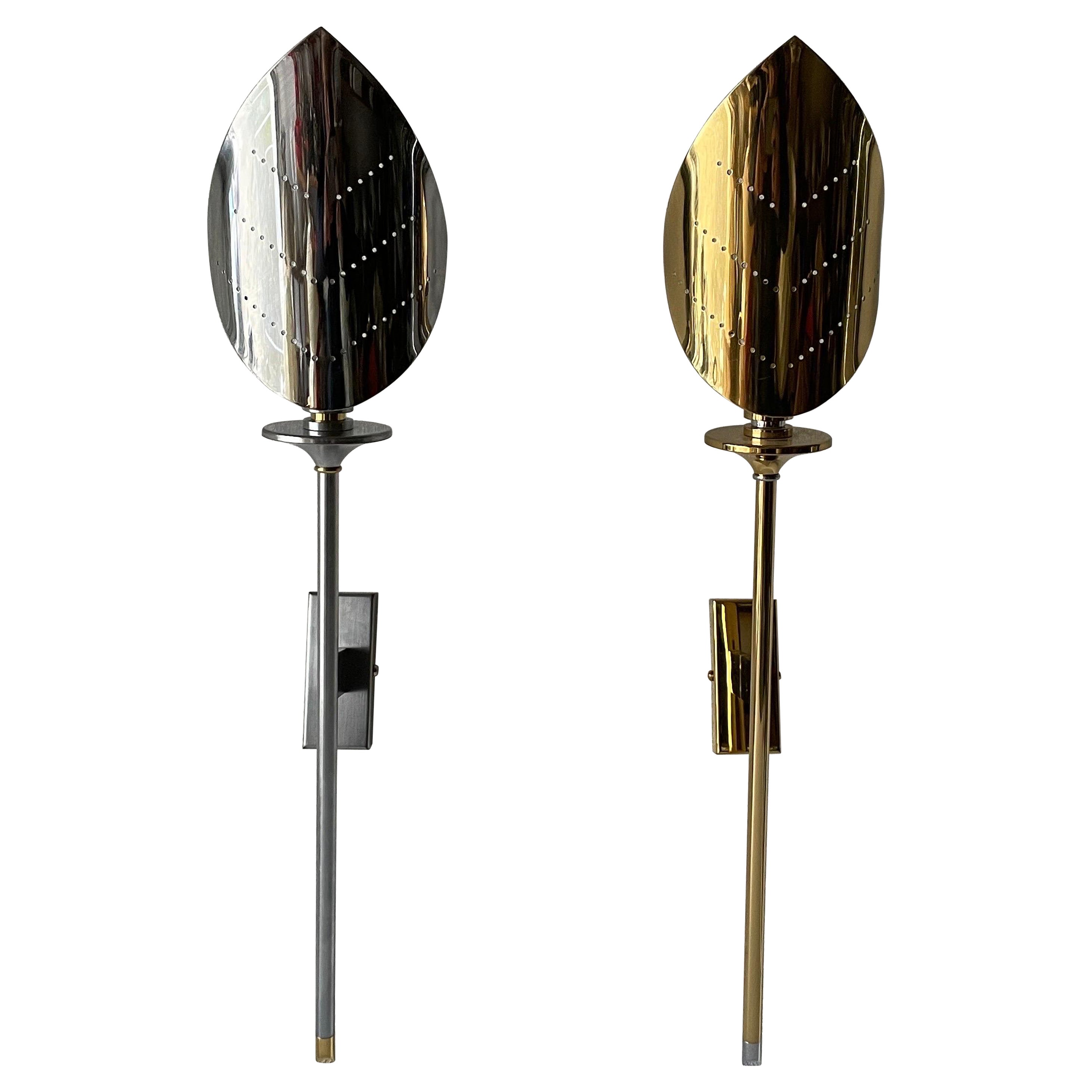 Leaf Shaped Gold and Chrome Pair of Sconces by Baulmann Leuchten, 1980s, Germany For Sale
