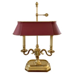 Mid-20th Century Brass Two-Arm Bouillotte Lamp with Burgundy Tole Shade
