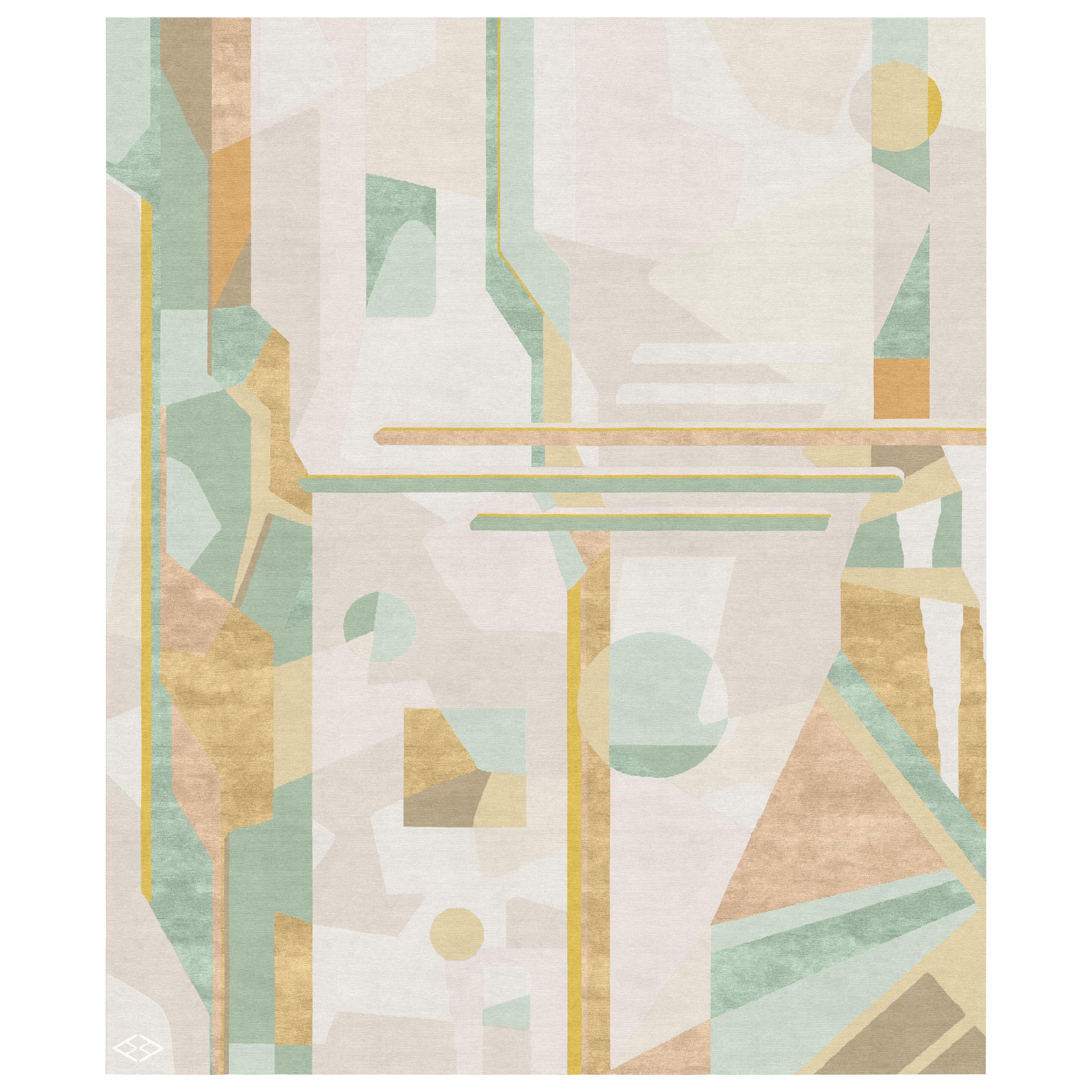 Tapis Rouge rug Composition IV, Green Beige Kids room Wool Silk, in Stock  For Sale