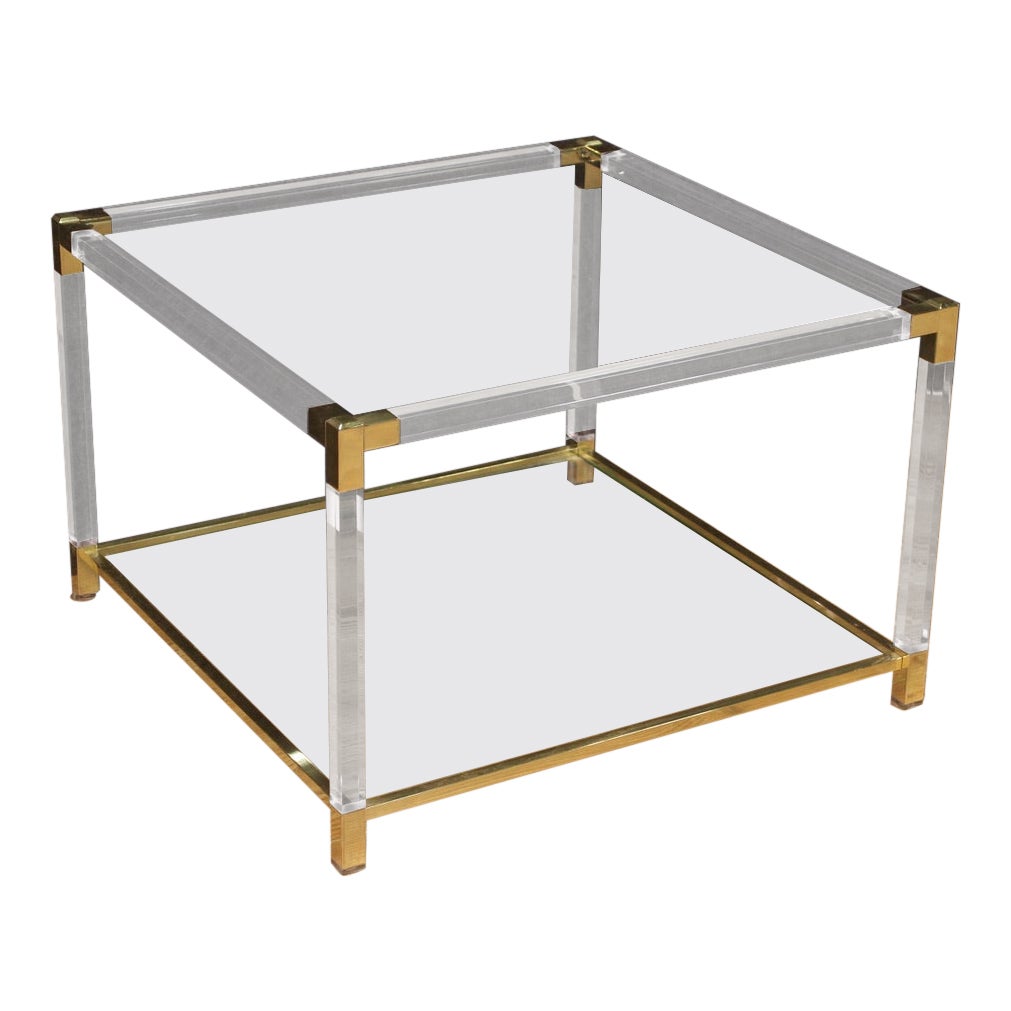 20th Century Plexiglass Glass and Gold Metal Design Italian Coffee Table, 1980 For Sale