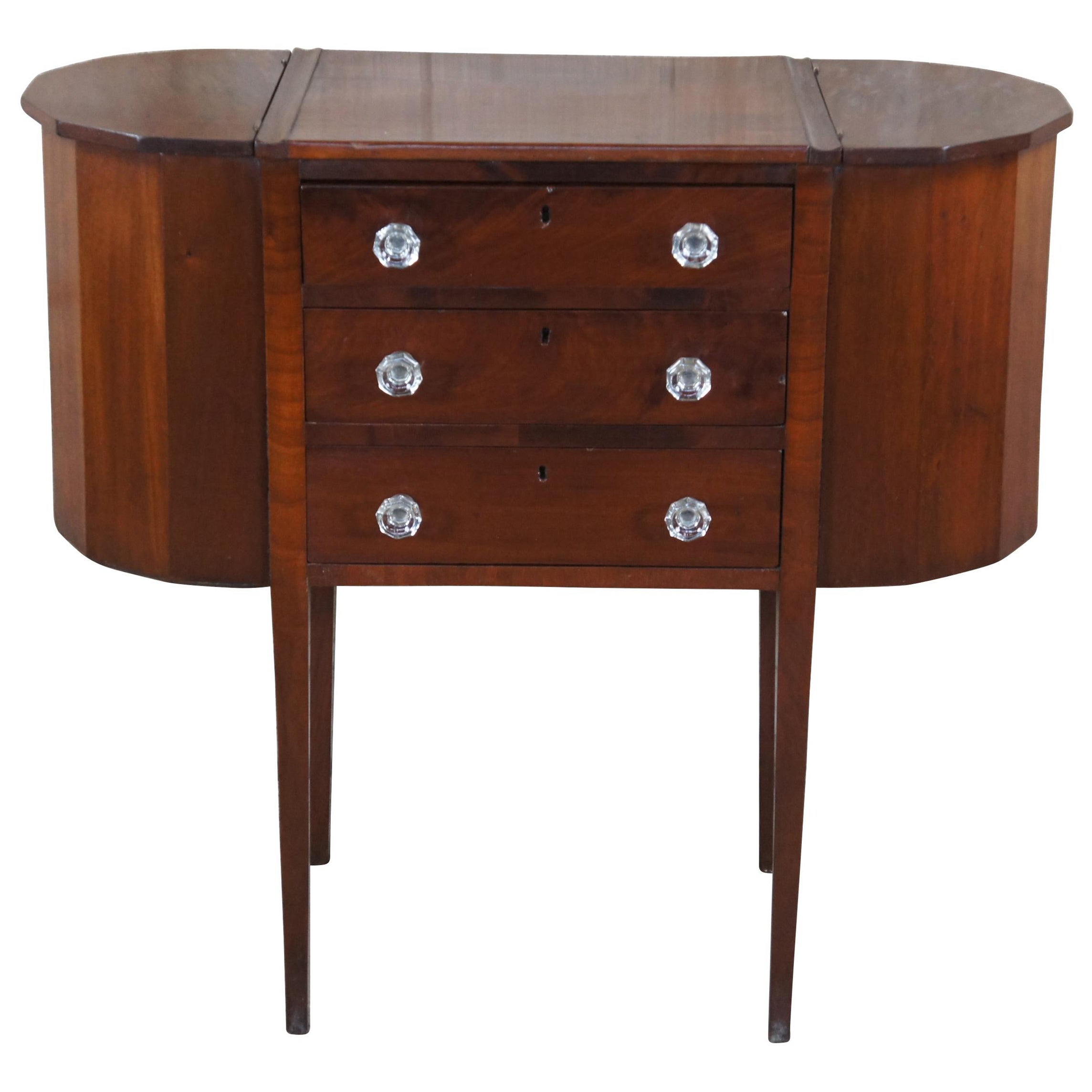 Ancienne Martha Washington Mahogany Spool Sewing Cabinet Chest Side Table Stand