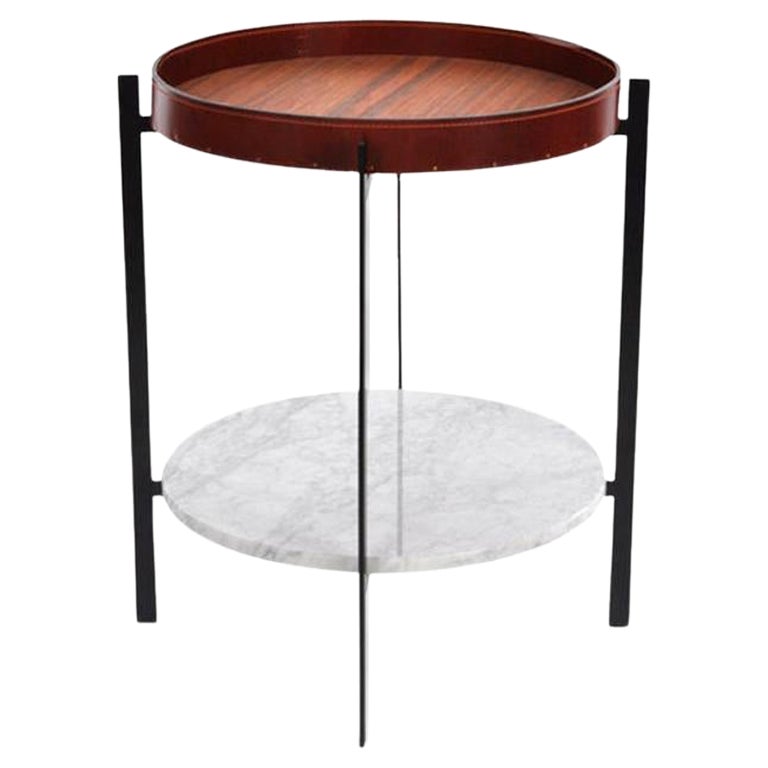 Cognac Leather, Teak Wood and White Carrara Marble Deck Table by Ox Denmarq For Sale