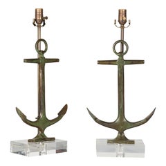 Pair of English Midcentury Nautical Bronze Anchor Lamps on Custom Lucite Bases
