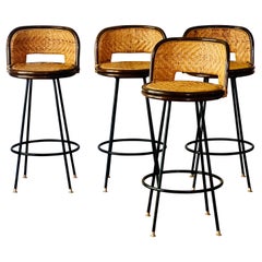 Retro Bamboo and Rattan Swivel Bar Stools with Iron Base, Set of 4