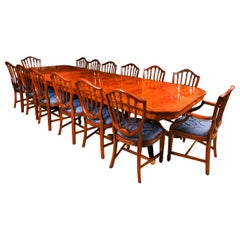 Vintage Brass Inlaid Dining Table & 14 Shield Back Chairs, 20th Century