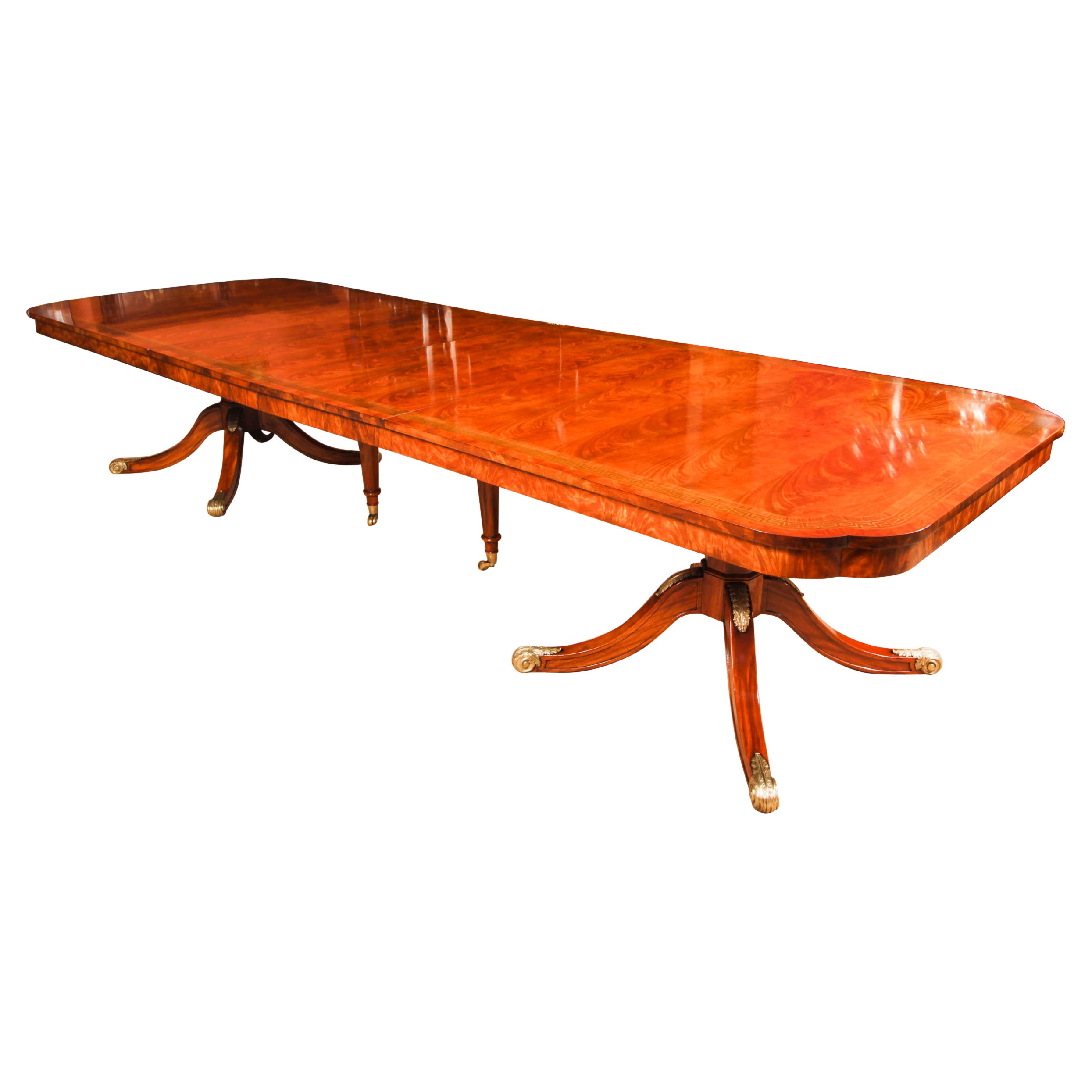 Vintage 13ft Flame Mahogany & Brass Inlaid Twin Pillar Dining Table 20th Century For Sale
