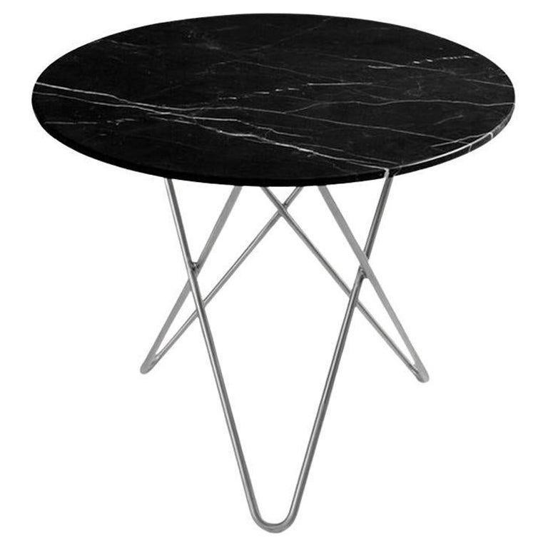 Grande table d'appoint de salle à manger en marbre noir Marquina et acier inoxydable par OxDenmarq