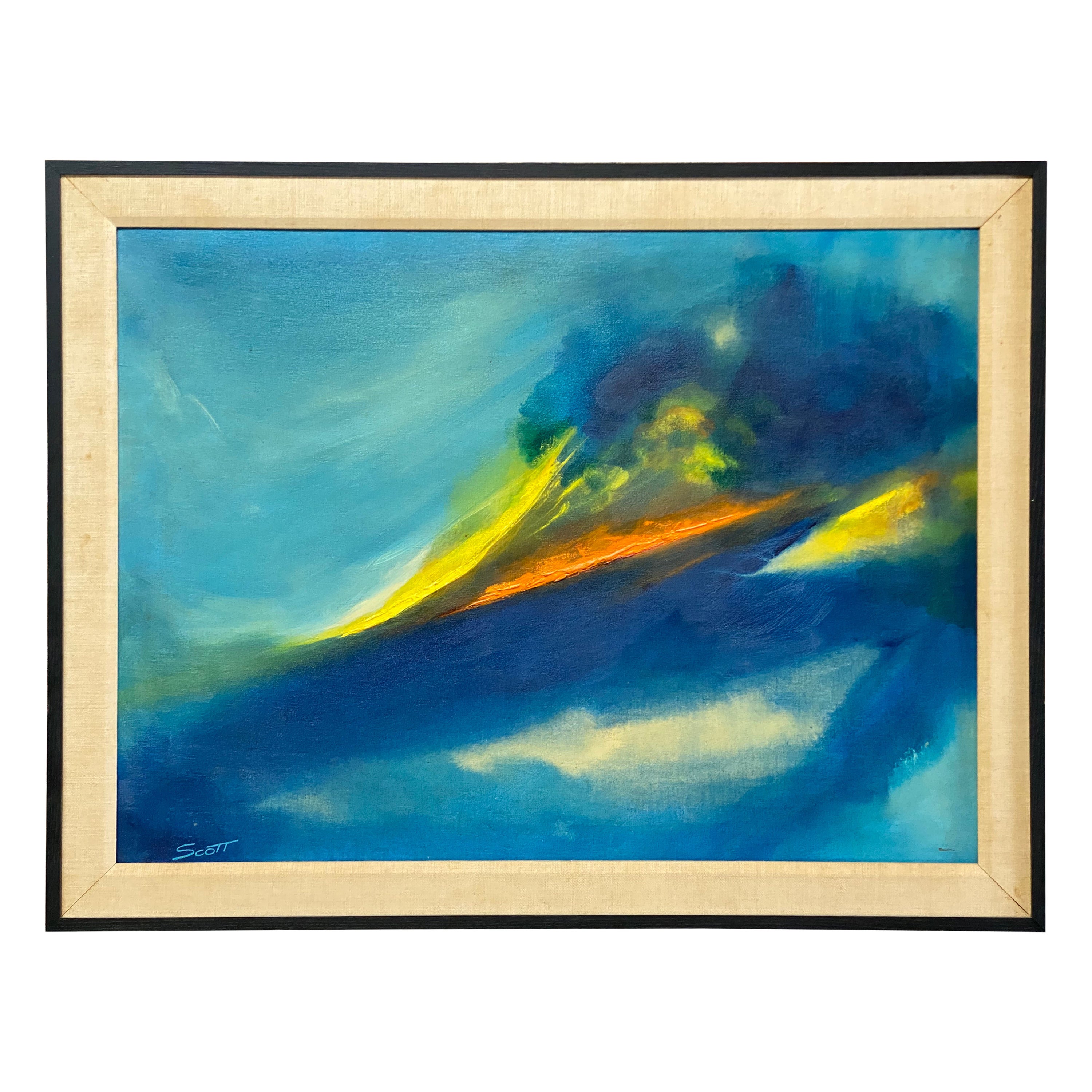 Grande peinture abstraite de vagues en couleurs des années 1970