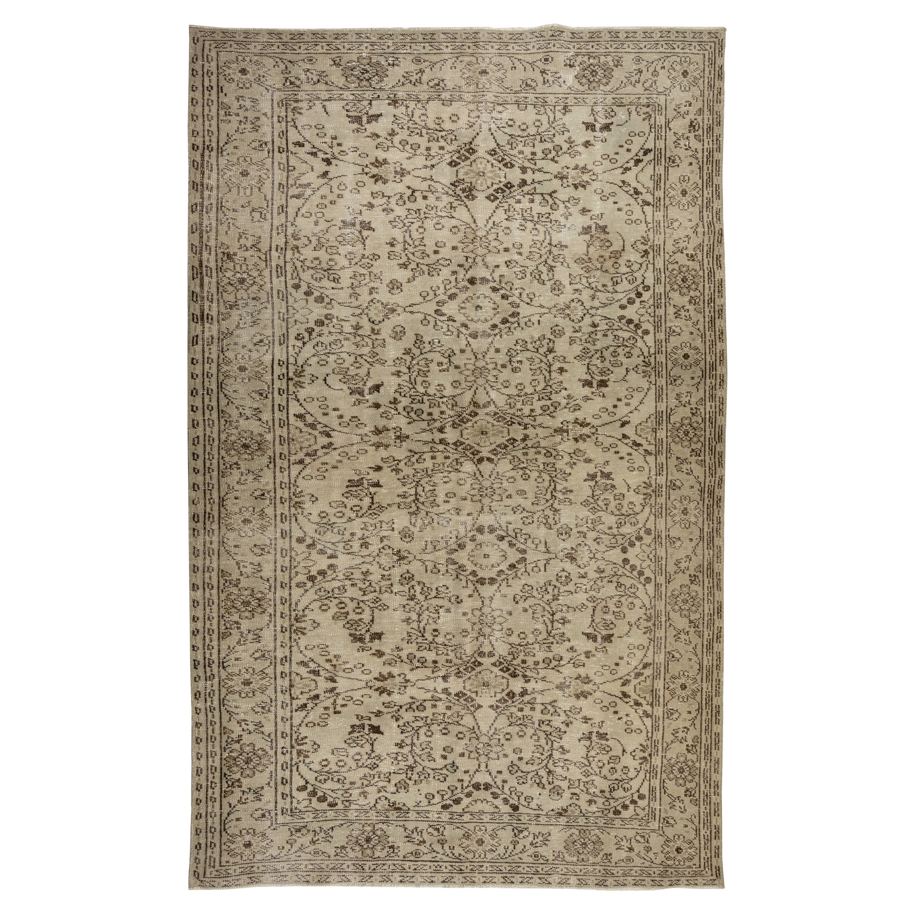 Hand-Knotted 1960's Oushak Area Rug with Floral Design in Beige Colors