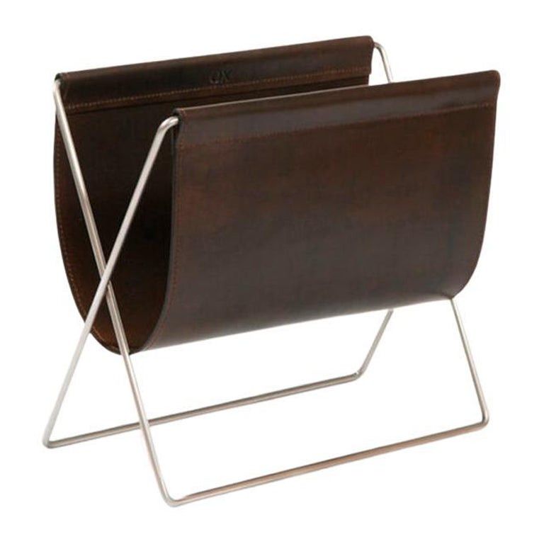 Mocca Leather and Steel Maggiz Magazine Rack by OxDenmarq For Sale